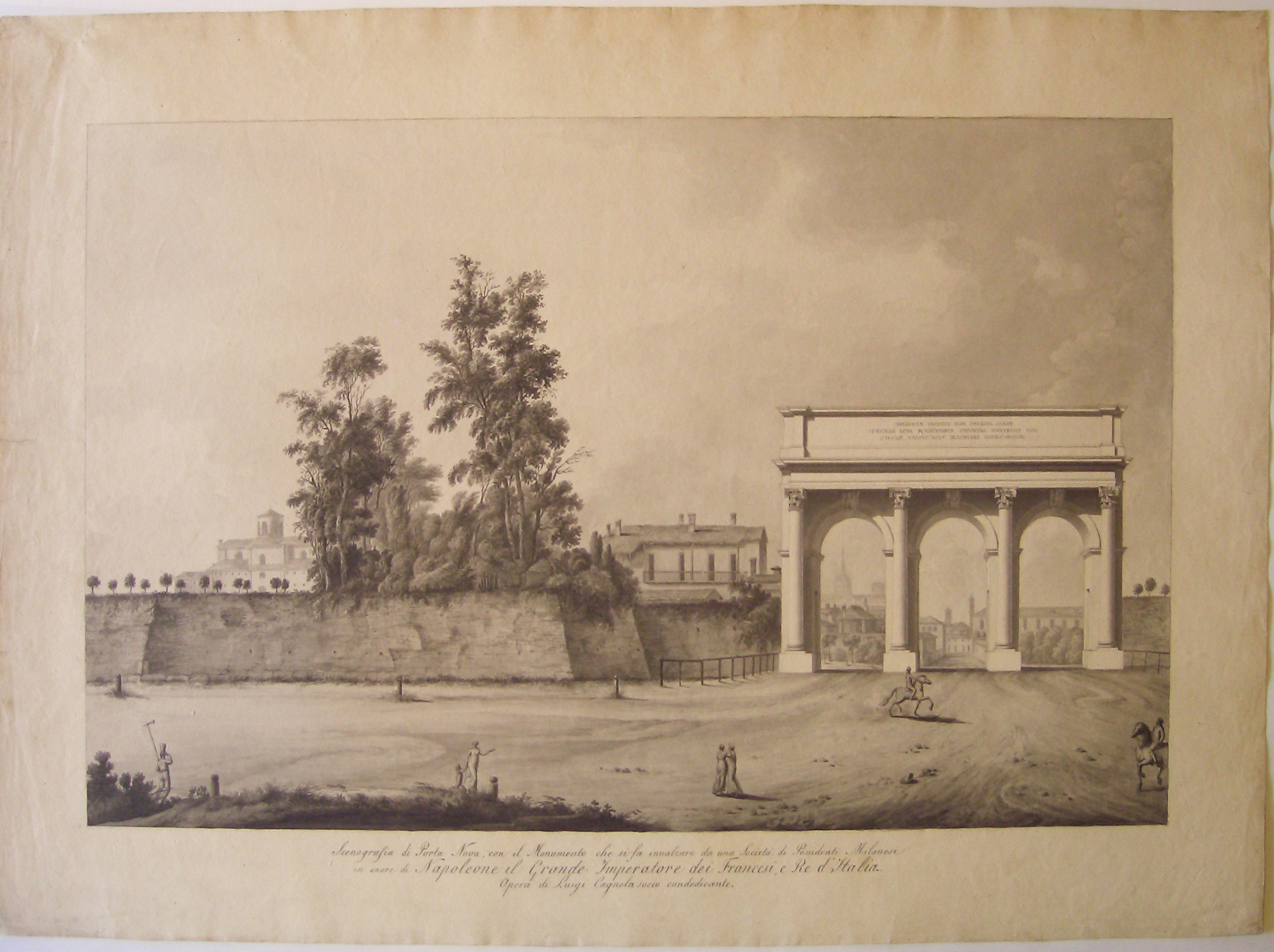 Scenografia di Porta Nova con il monumento che si fa innalzare da una società di possidenti milanesi in onore di Napoleone il Grande Imperatore dei francesi, e Re d'Italia, progetto architettonico: arco di Porta Nuova a Milano - veduta prospettica (prima variante) (disegno architettonico) di Cagnola Luigi (sec. XIX)