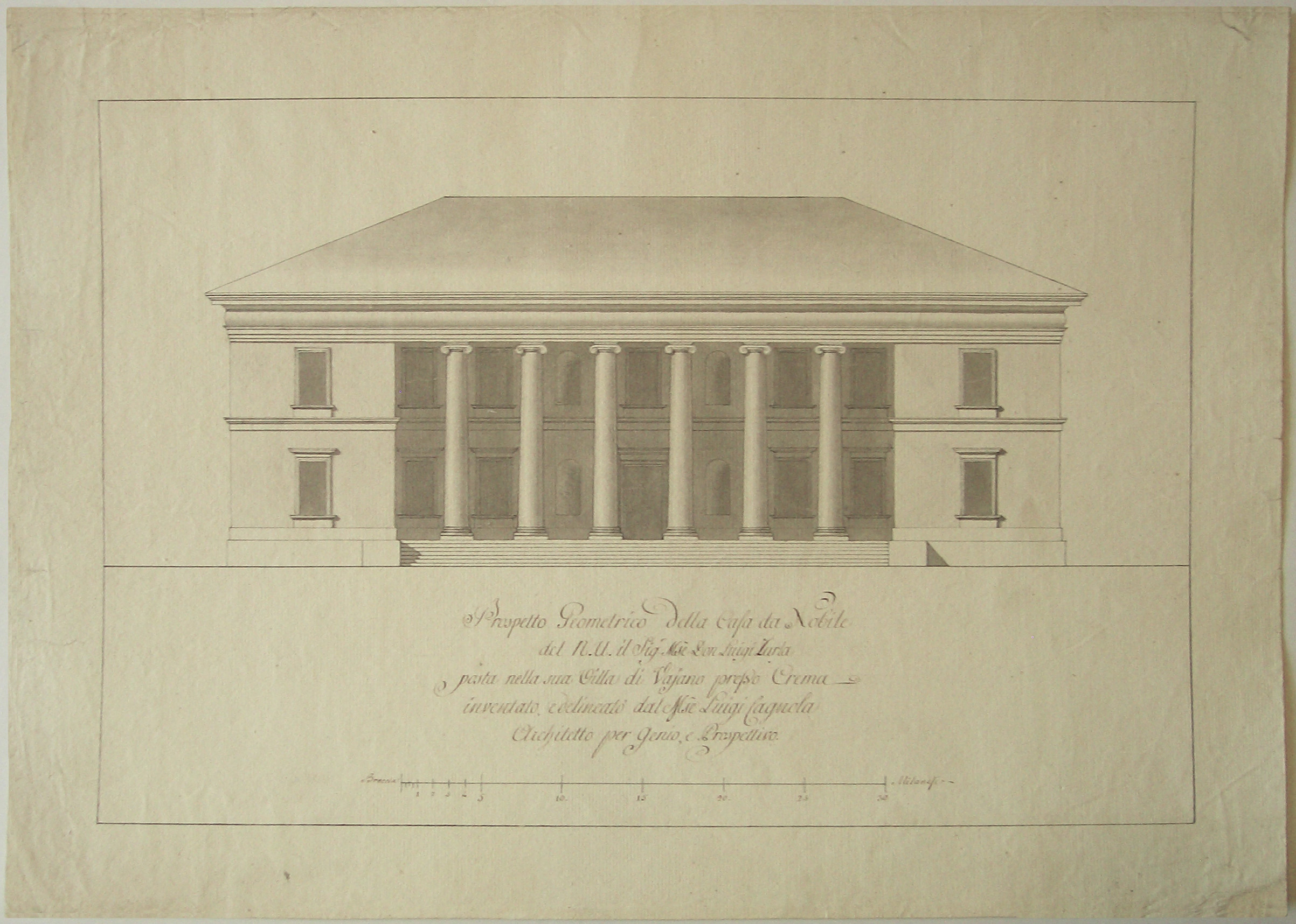 Prospetto geometrico della casa da nobile del n.u. il Sig.r mse Don Luigi Zurla posta nella sua villa di Vajano presso Crema, progetto architettonico: villa Zurla Benvenuti a Vajano Cremasco - prospetto della facciata (disegno architettonico) di Cagnola Luigi (sec. XIX)