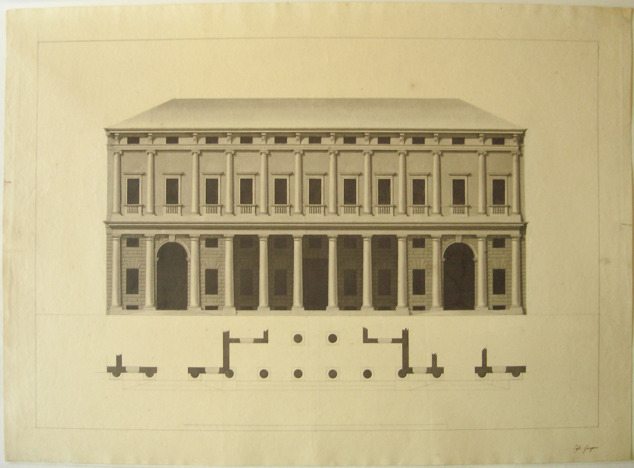 Casa Rampini, progetto architettonico: facciata di palazzo Rampini a Milano - pianta e prospetto della facciata (prima e seconda variante) (disegno architettonico) di Cagnola Luigi (sec. XIX)