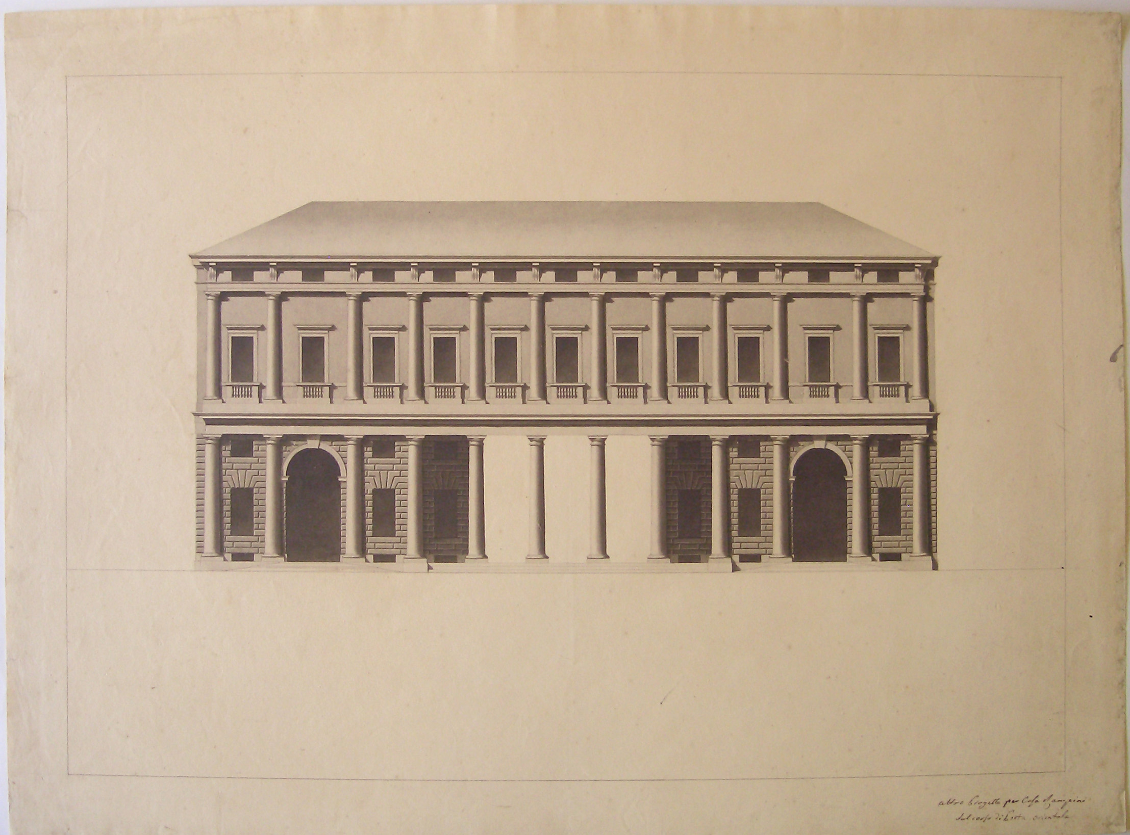 Altro progetto per casa Rampini dal Corso di Porta Orientale, progetto architettonico: facciata di palazzo Rampini a Milano - prospetto della facciata (seconda variante) (disegno architettonico) di Cagnola Luigi (sec. XIX)