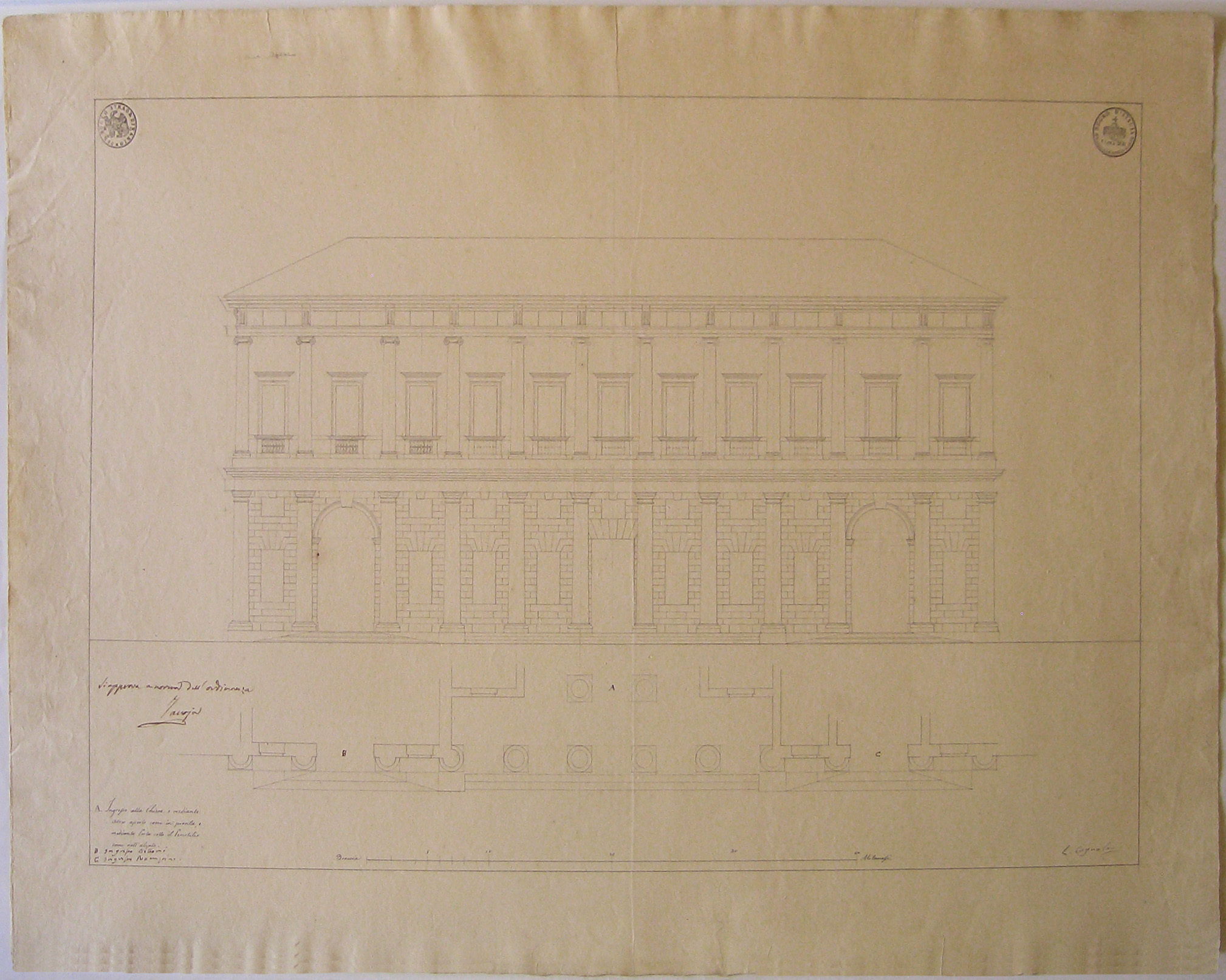 progetto architettonico: facciata di palazzo Rampini a Milano - pianta e prospetto della facciata (prima e seconda variante) (disegno architettonico) di Cagnola Luigi (sec. XIX)