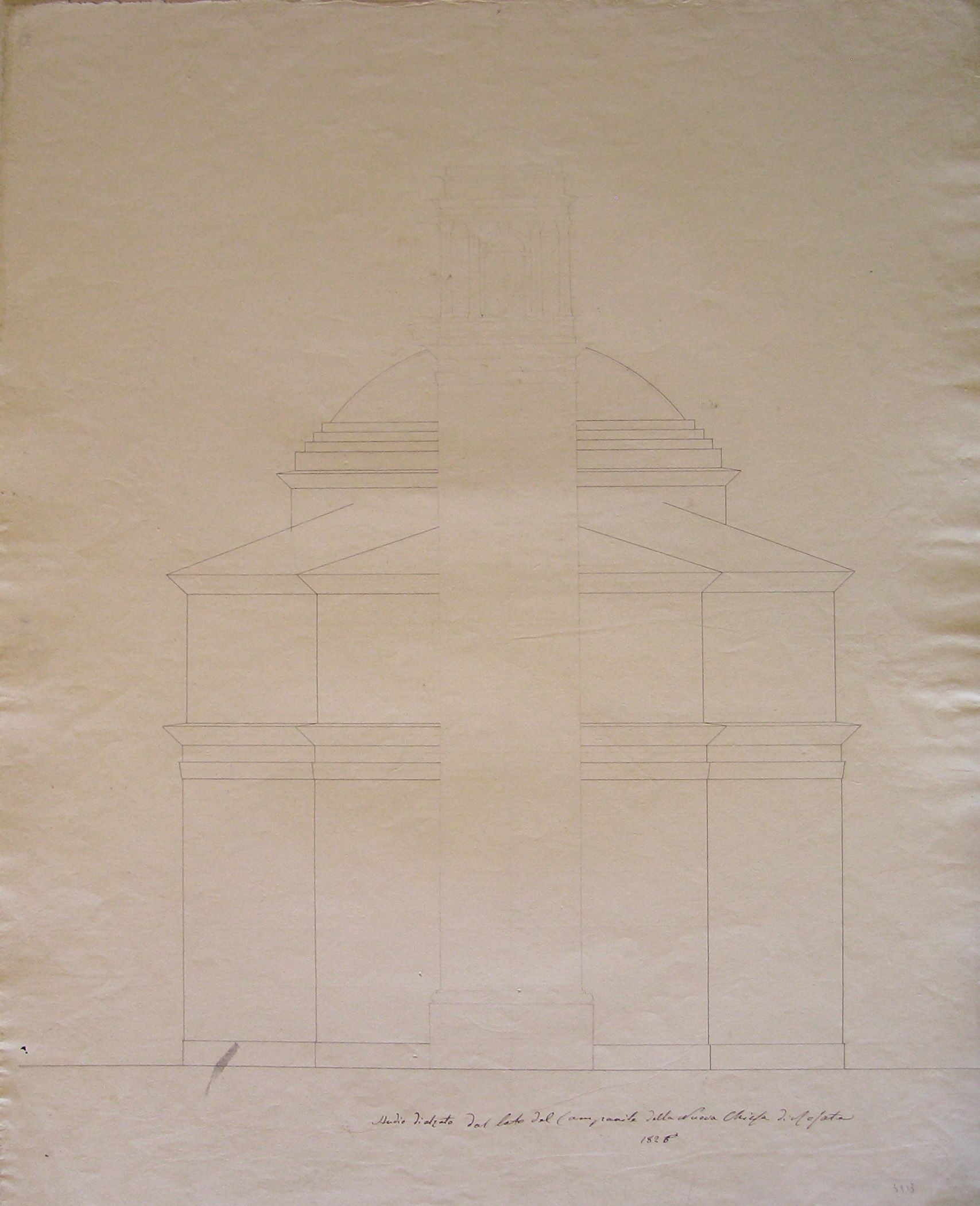 Studio di alzato dal lato del campanile della nuova chiesa di Rosate - 1826, progetto architettonico: chiesa a Rosate - prospetto del fronte posteriore (recto)/ pianta della chiesa (verso) (disegno architettonico) di Cagnola Luigi (sec. XIX)