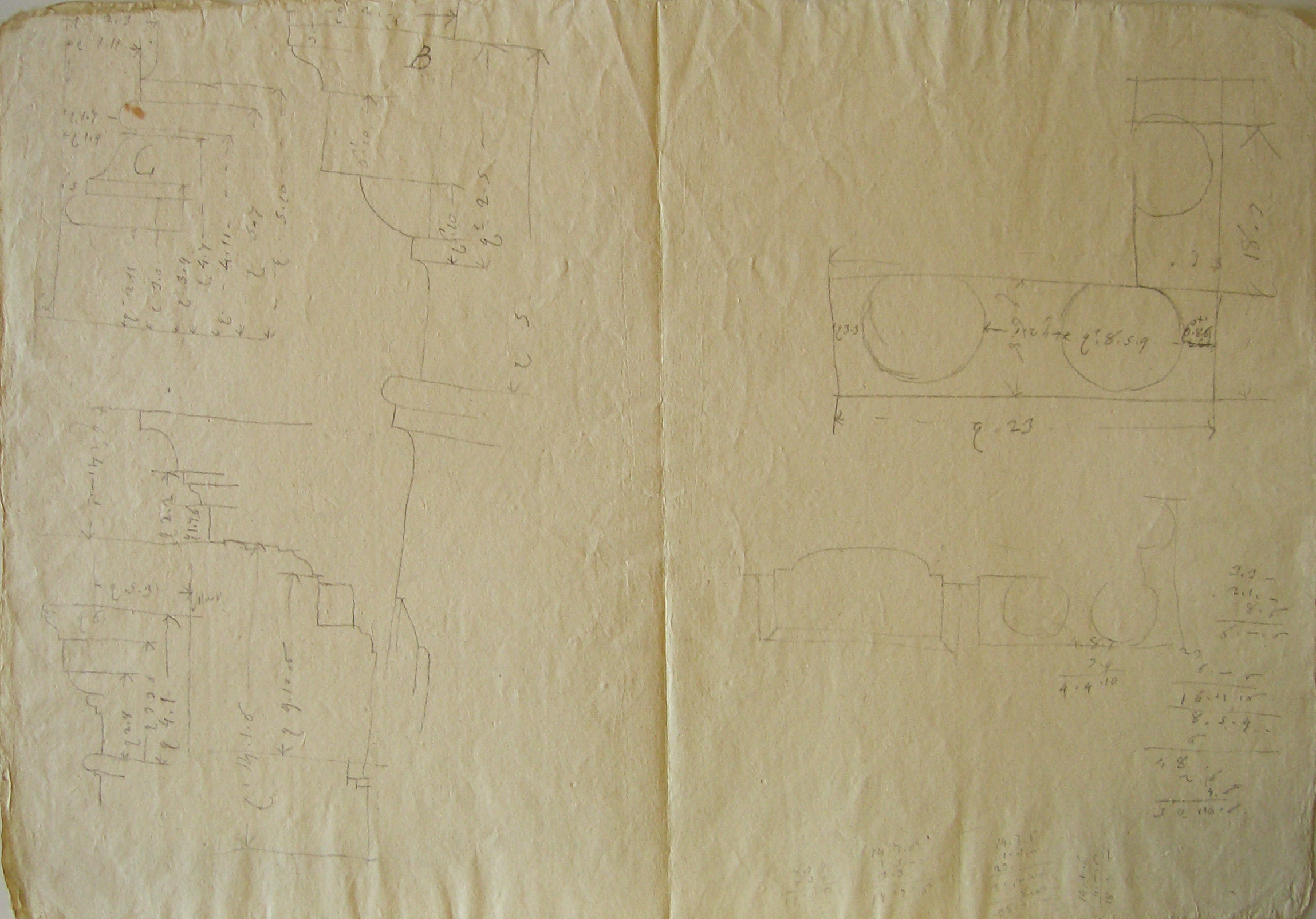 Dettaglio di cornici, rilievi con quote di un edificio di ordine dorico (recto e verso) (disegno architettonico, opera isolata) di Cagnola Luigi (attribuito) (fine/ metà secc. XVIII-XIX)