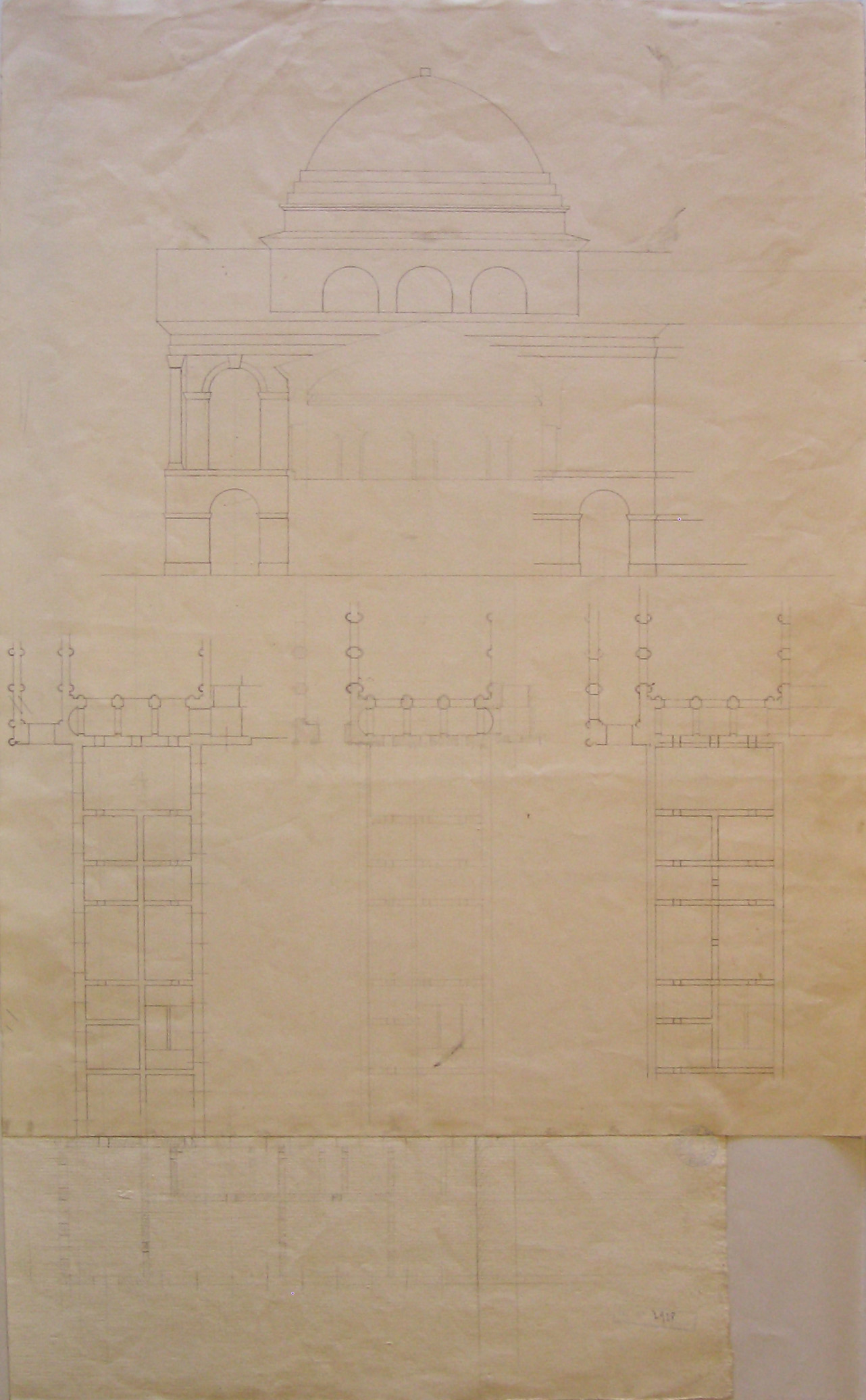 Vienna. Progetto per la cappella sepolcrale del principe di Metternich. Pianta del piano sotterraneo, Studi in alzato e fronte di edificio con cupola centrale (recto) / Schizzo di octastilo corinzio (verso) (disegno architettonico, opera isolata) di Cagnola Luigi (attribuito) (inizio sec. XIX)
