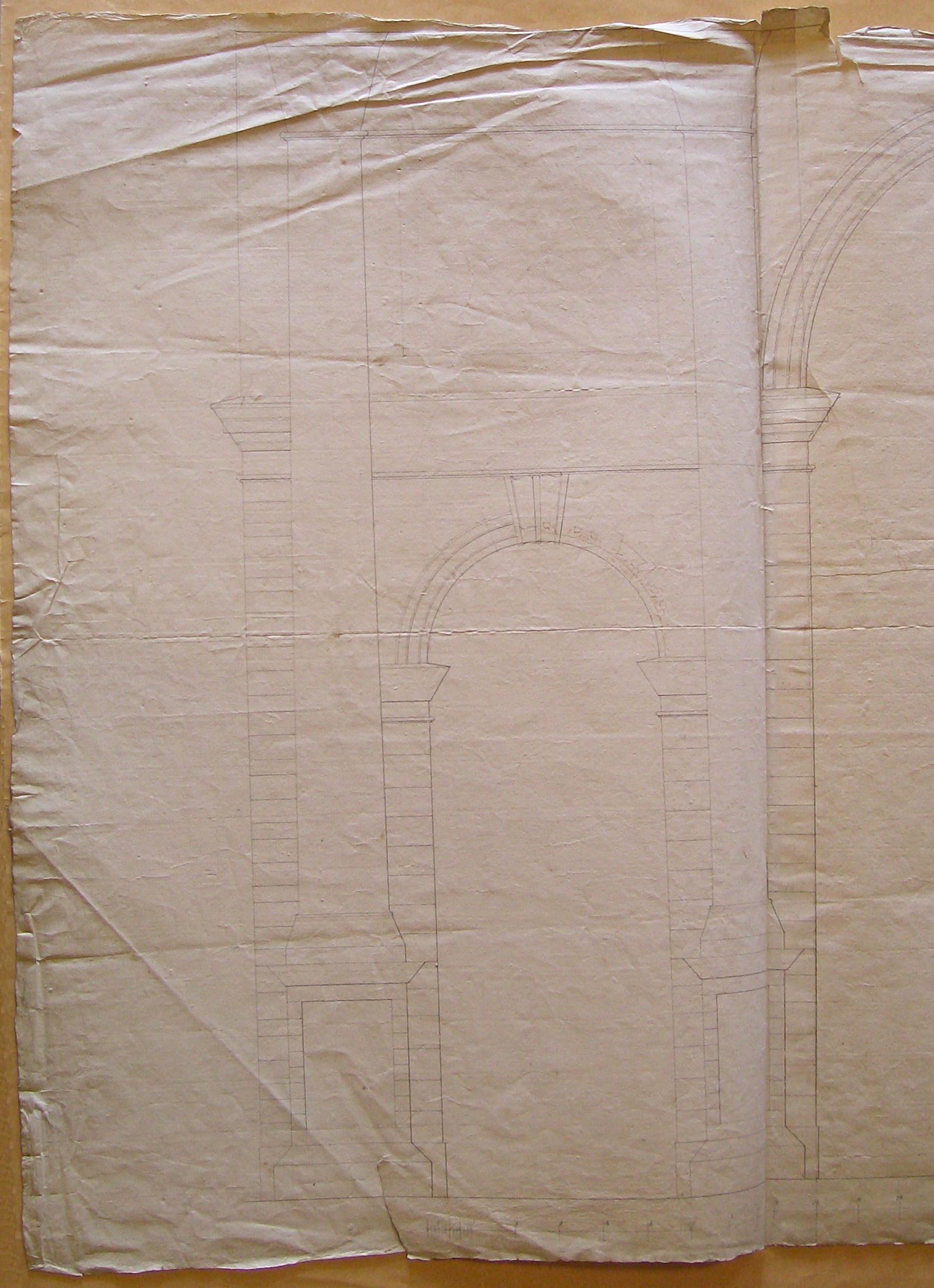 progetto architettonico: Arco della Pace a Milano - dettaglio dell'arcata centrale e di una laterale (disegno architettonico) di Cagnola Luigi (sec. XIX)