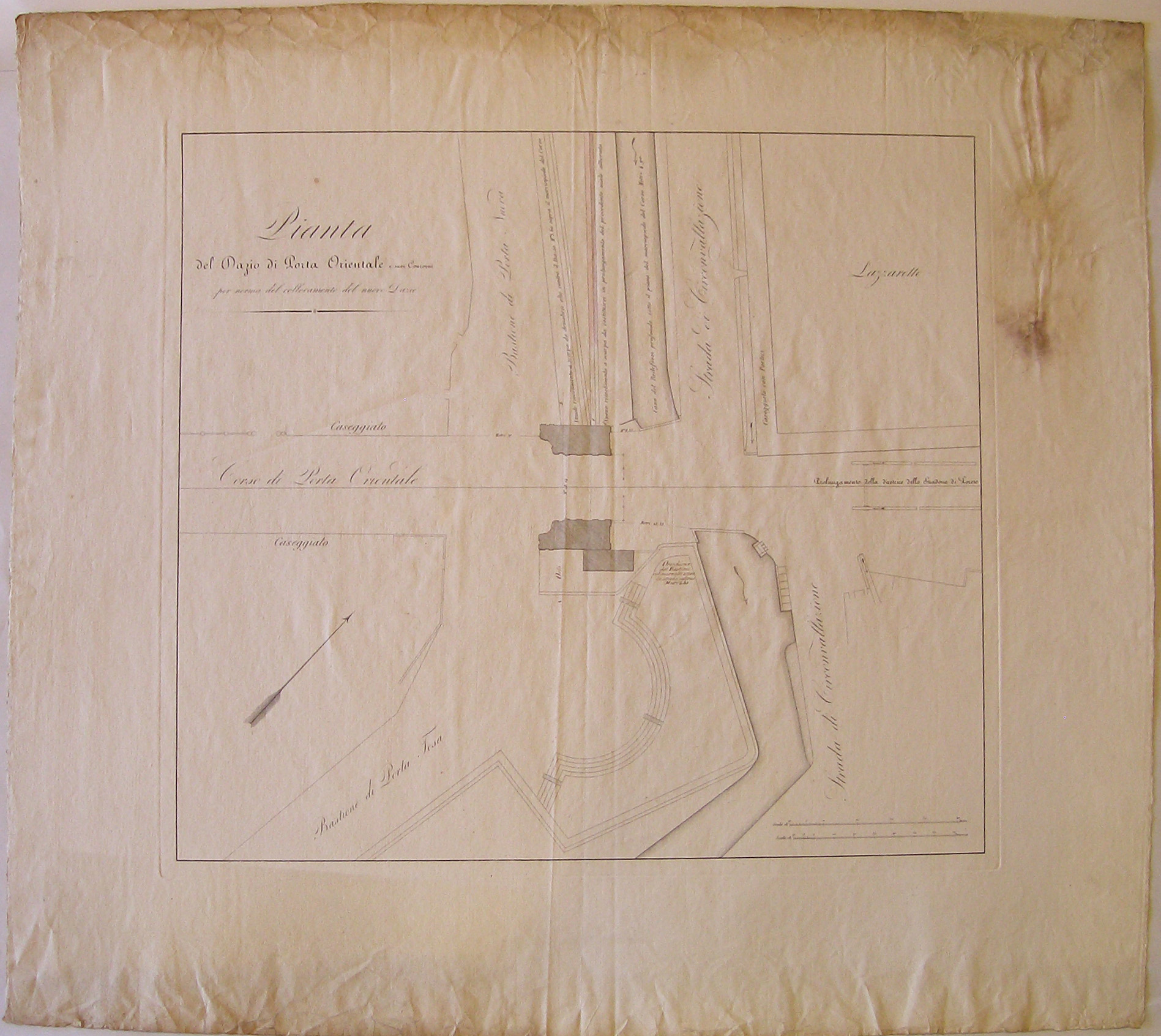 Pianta del dazio di Porta Orientale e suoi contorni per norma del collocomento del nuovo dazio, Progetto architettonico: caselli daziari a Porta Orientale a Milano. Planimetria (stampa) - ambito lombardo (sec. XIX)