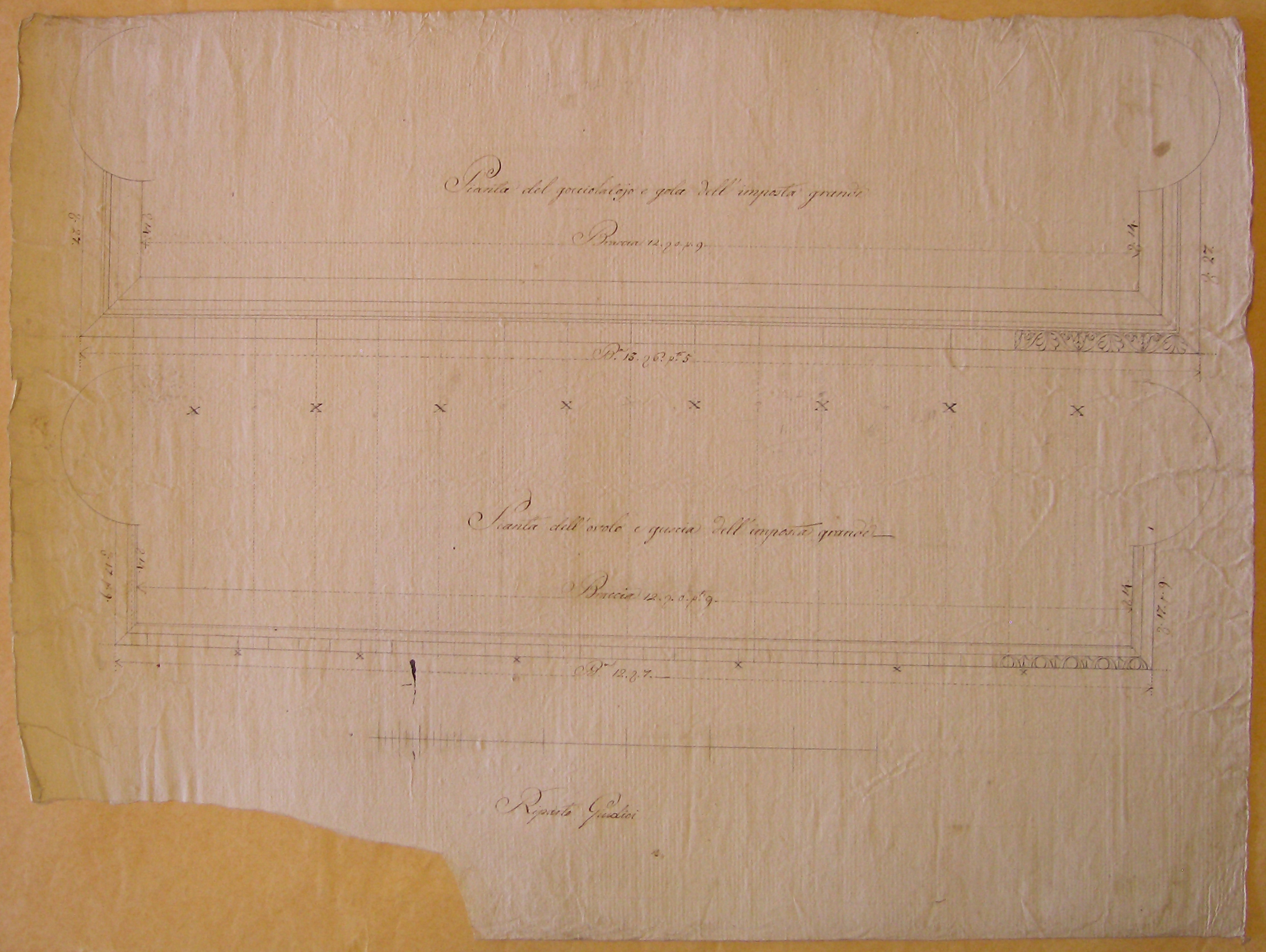 Pianta del gocciolatojo e gola dell'imposta grande, progetto architettonico: Arco della Pace a Milano - dettaglio dei gocciolatoi (disegno architettonico) di Cagnola Luigi (sec. XIX)