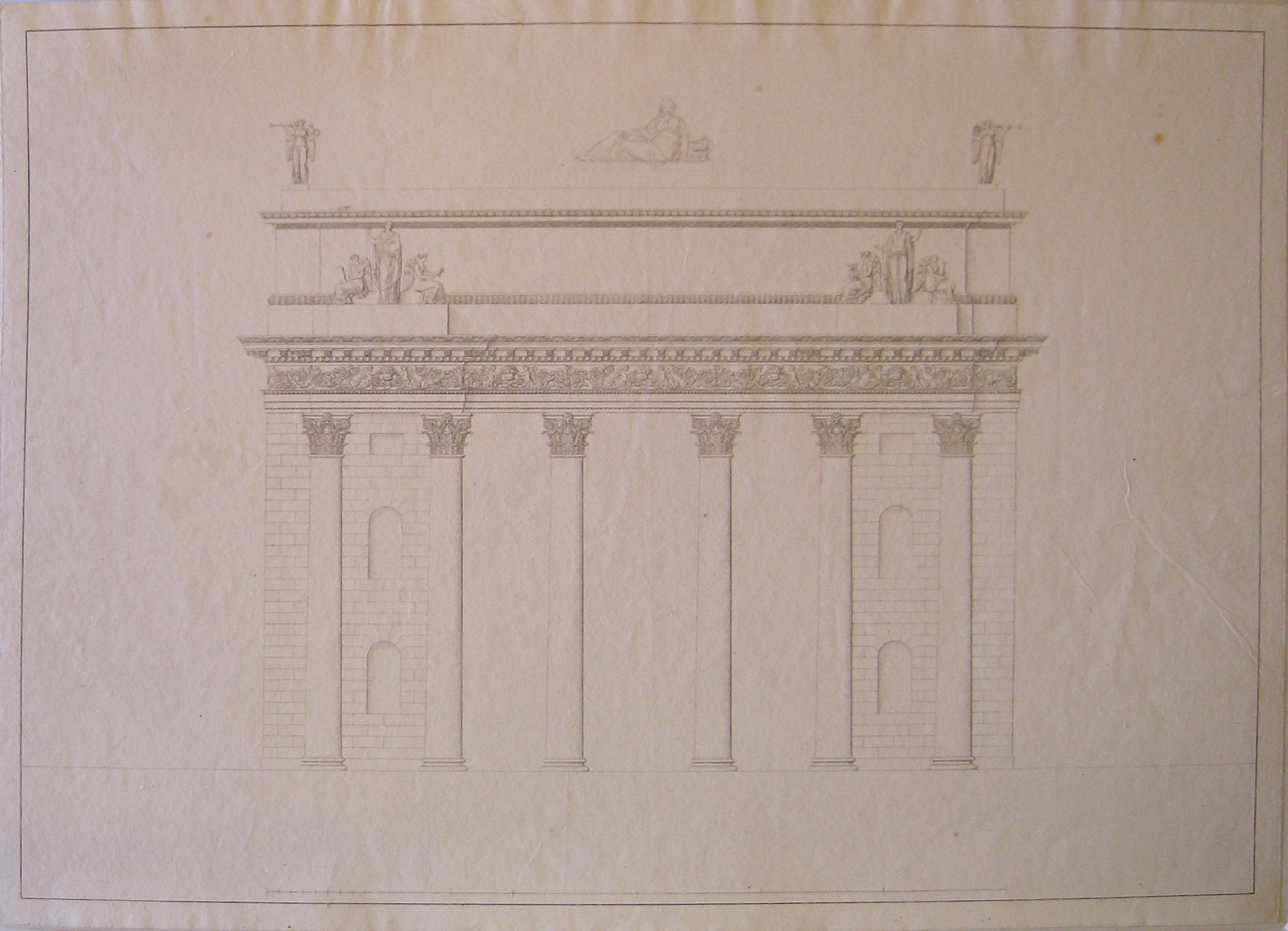 Progetto Architettonico: Arco provvisorio a Porta Orientale a Milano - Prospetto del fronte (prima variante) (stampa) di Cagnola Luigi (attribuito) (sec. XIX)