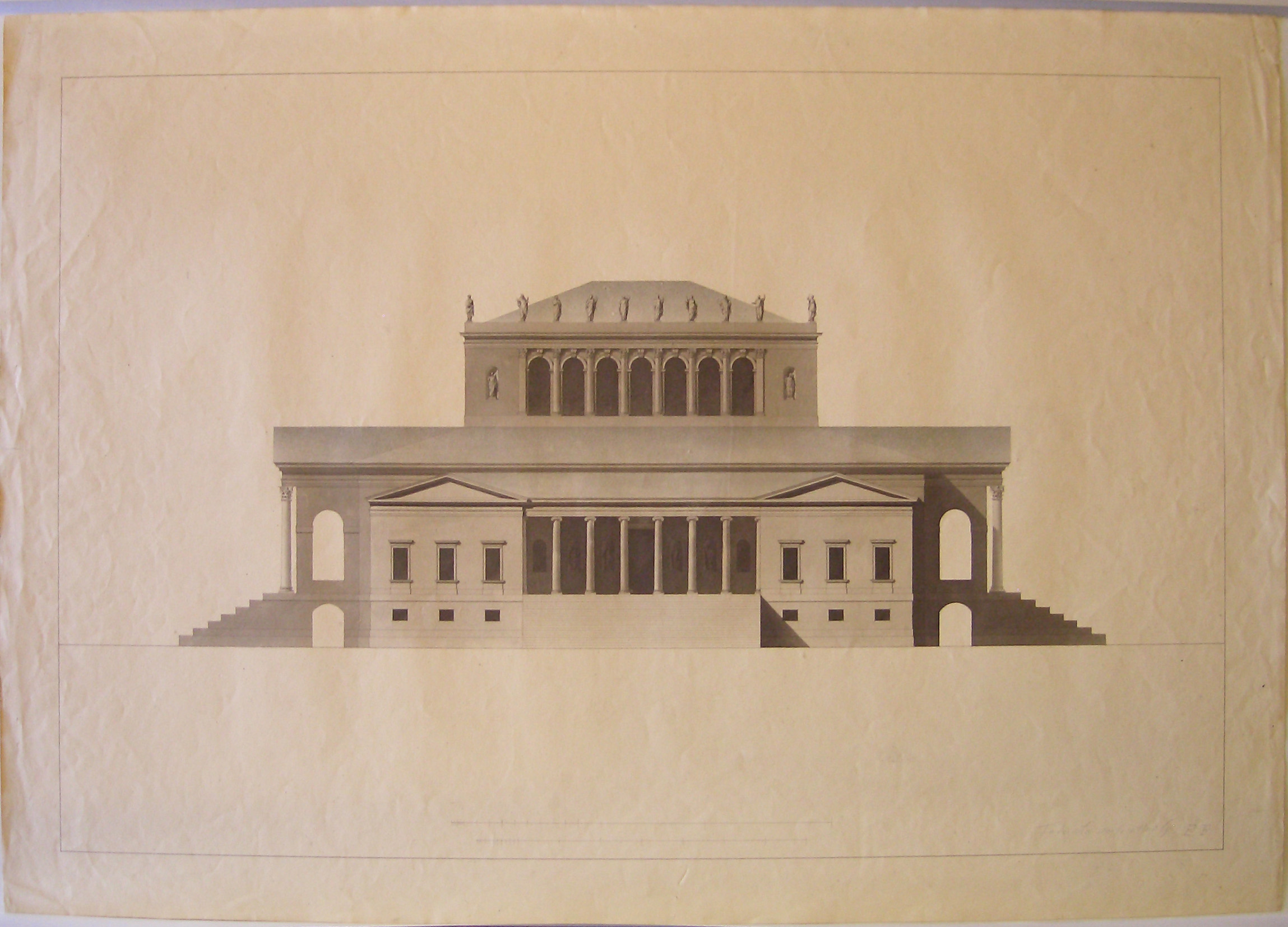 Facciata e verso, Progetto architettonico: Villa Beauharnais a Malmaison - Prospetto del fronte posteriore (disegno architettonico, opera isolata) di Cagnola Luigi (attribuito) (sec. XIX)