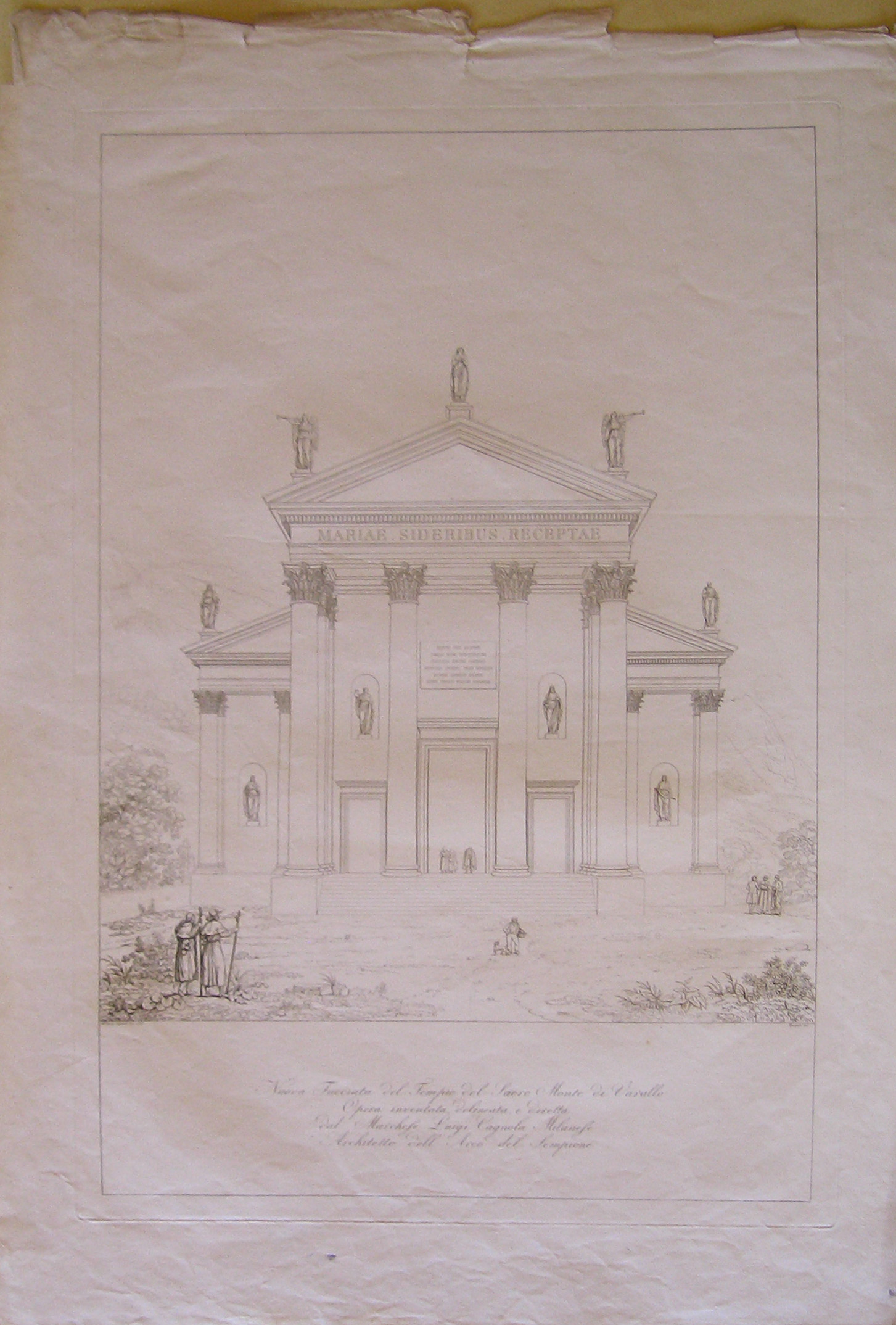 Nuova facciata del tempio del Sacro Monte di Varallo, progetto architettonico: completamento della facciata del Santuario al Sacro Monte a Varallo - prospetto della facciata (stampa) di Cagnola Luigi (sec. XIX)