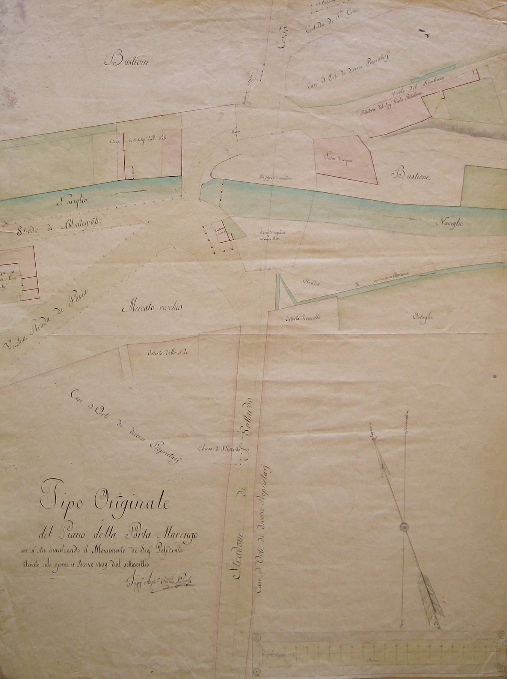 Tipo originale di Piano della Porta Marengo, Progetto architettonico: Porta Ticinese a Milano - Rilievo della zona di Porta Ticinese (disegno architettonico, opera isolata) di Pirola Franco (attribuito) (sec. XIX)