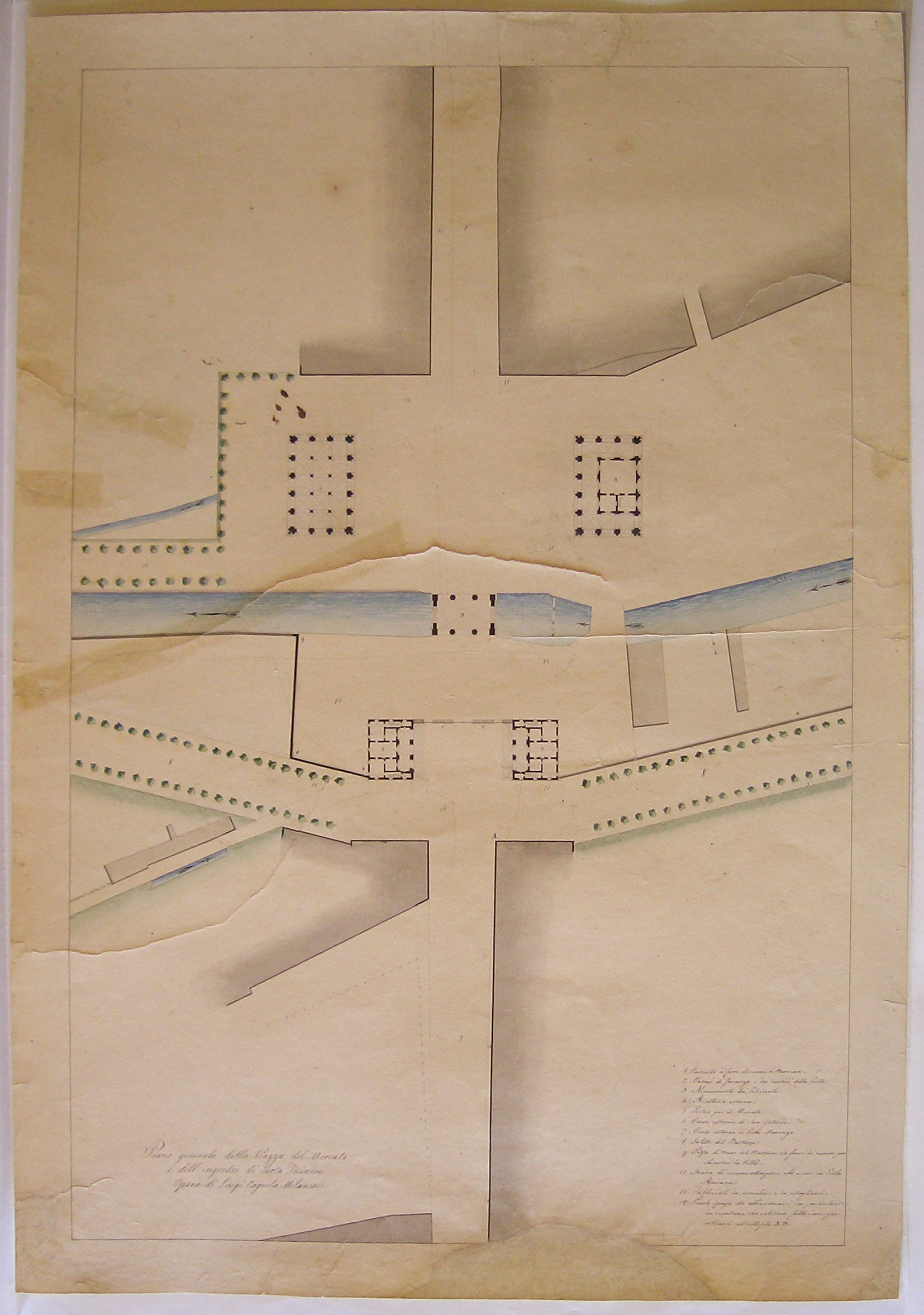 Piano generale della Piazza del Mercato e dell'ingresso di Porta Ticinese, Progetto architettonico: Porta Ticinese a Milano - Planimetria (disegno architettonico, opera isolata) di Cagnola Luigi (attribuito) (sec. XIX)