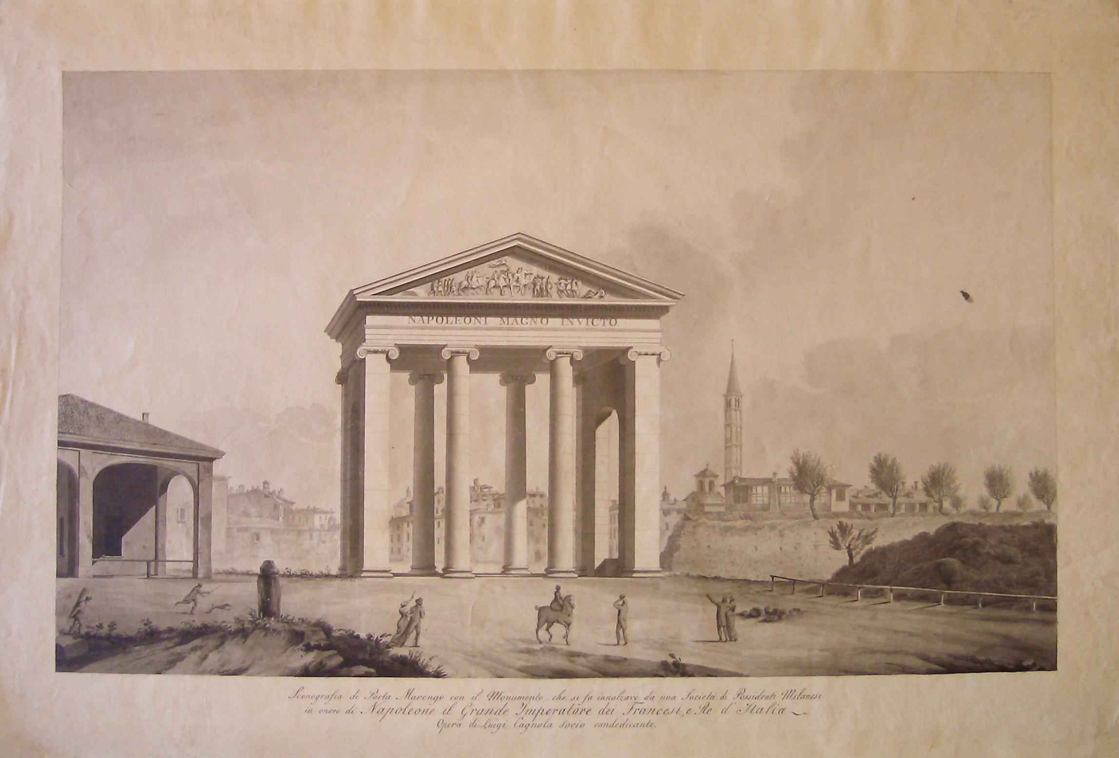 Scenografia di Porta Marengo con il Monumento, Progetto architettonico: Porta Ticinese a Milano - Veduta prospettica dell'atrio (disegno architettonico, opera isolata) di Cagnola Luigi (attribuito) (sec. XIX)