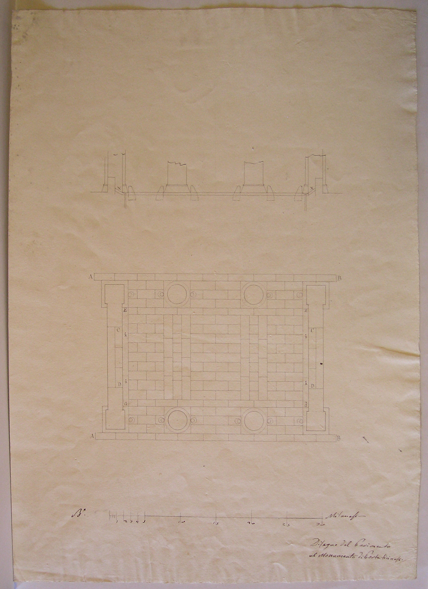 Disegno del Pavimento al Monumento di Porta Ticinese, Progetto architettonico: Porta Ticinese a Milano - Pianta della pavimentazione dell'atrio (disegno architettonico, opera isolata) di Cagnola Luigi (attribuito) (sec. XIX)
