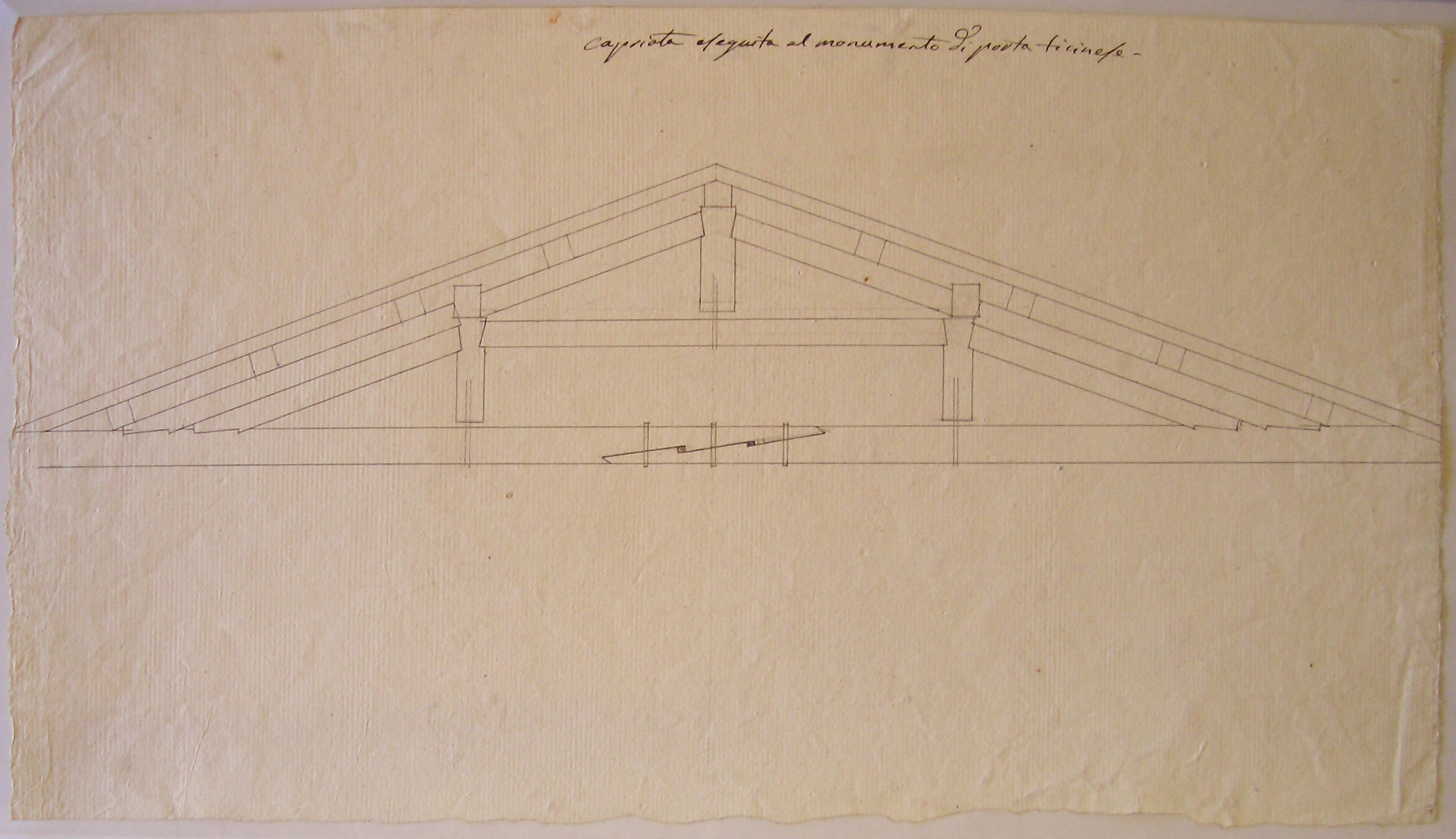Capriata eseguita al Monumento di Porta Ticinese, Progetto architettonico: Porta Ticinese a Milano - Sezione della copertura dell'atrio (disegno architettonico, opera isolata) di Cagnola Luigi (attribuito) (sec. XIX)
