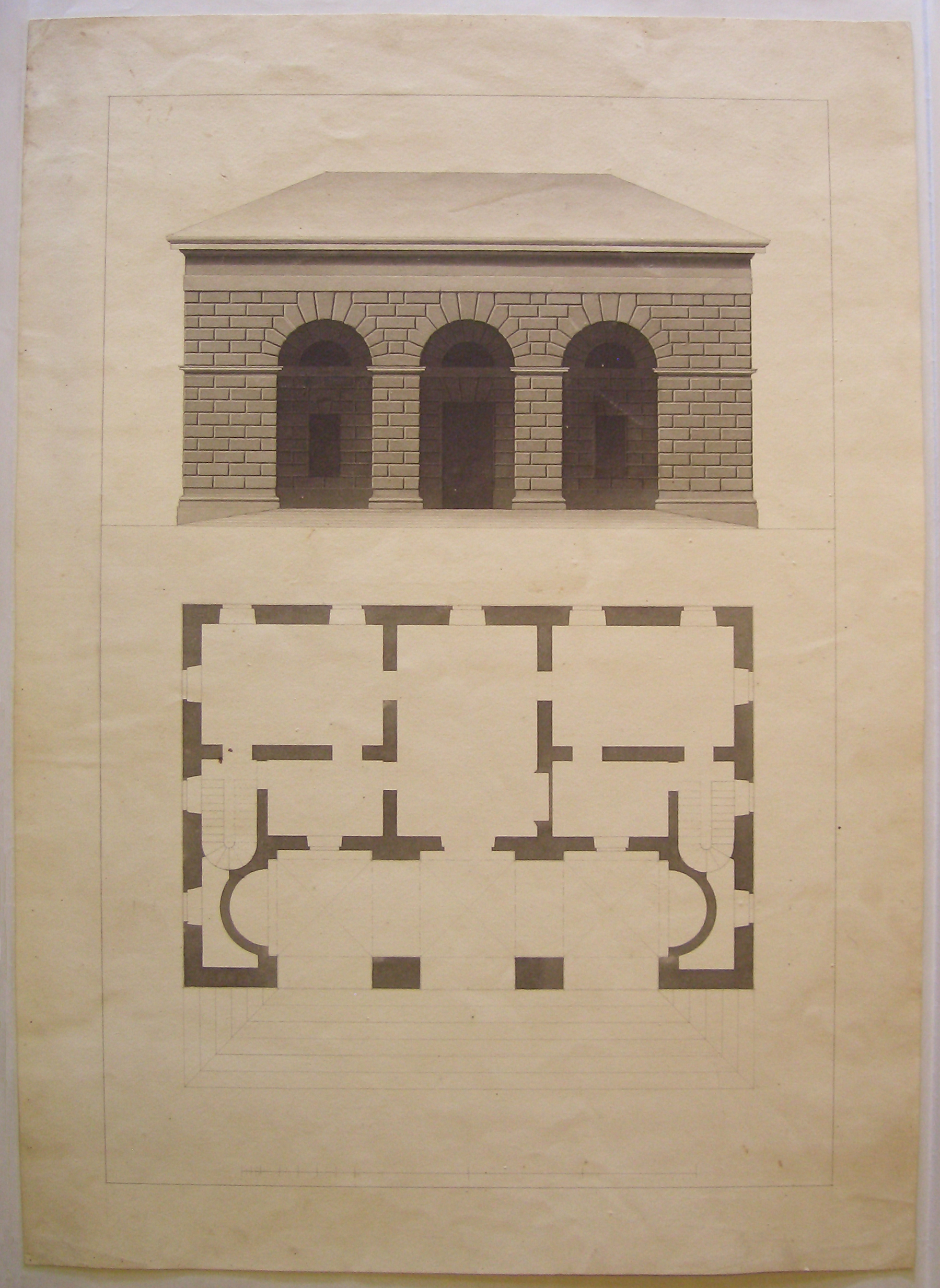 Progetto architettonico: Porta Ticinese a Milano - Pianta e Prospetto della facciata dei caselli (disegno architettonico, opera isolata) di Cagnola Luigi (attribuito) (sec. XIX)