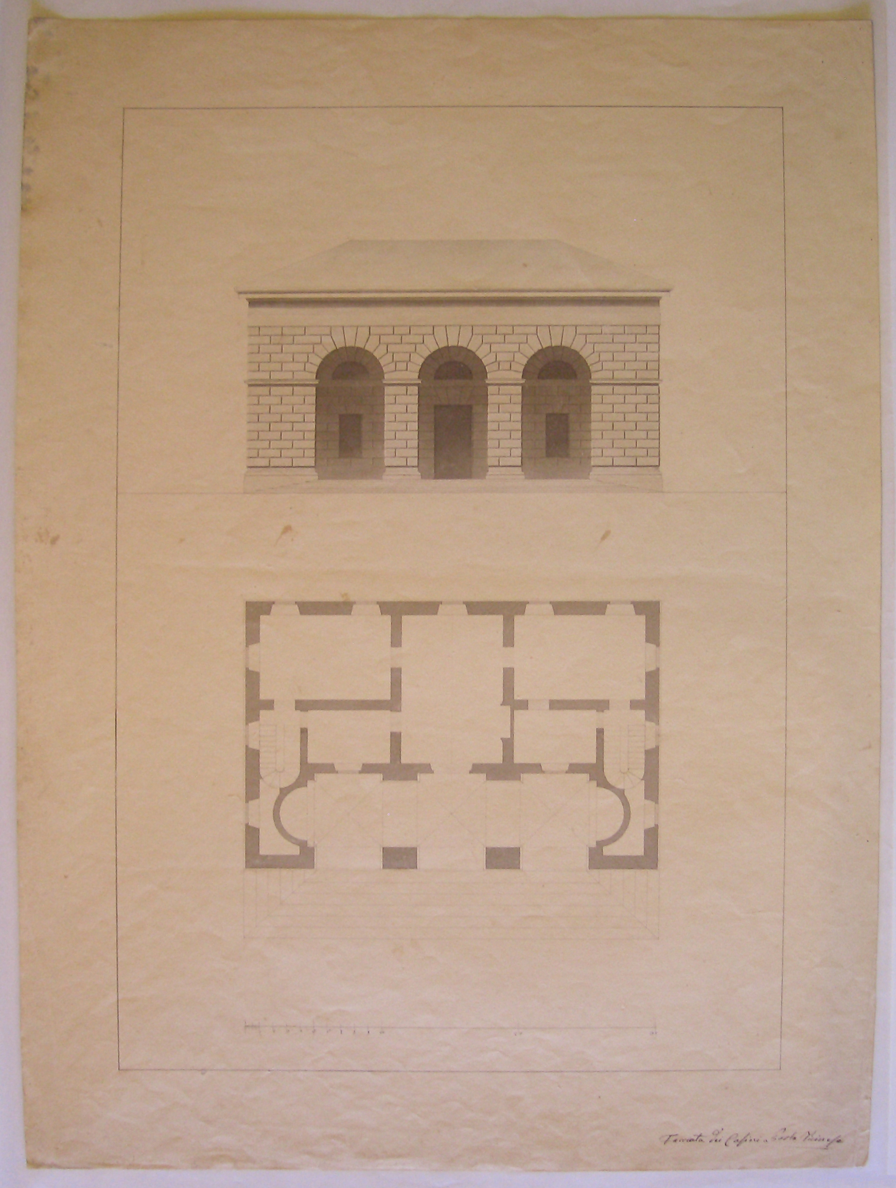Facciata dei Casini a Porta Ticinese, Progetto architettonico: Porta Ticinese a Milano - Pianta e Prospetto della facciata dei caselli (disegno architettonico, opera isolata) di Cagnola Luigi (attribuito) (sec. XIX)
