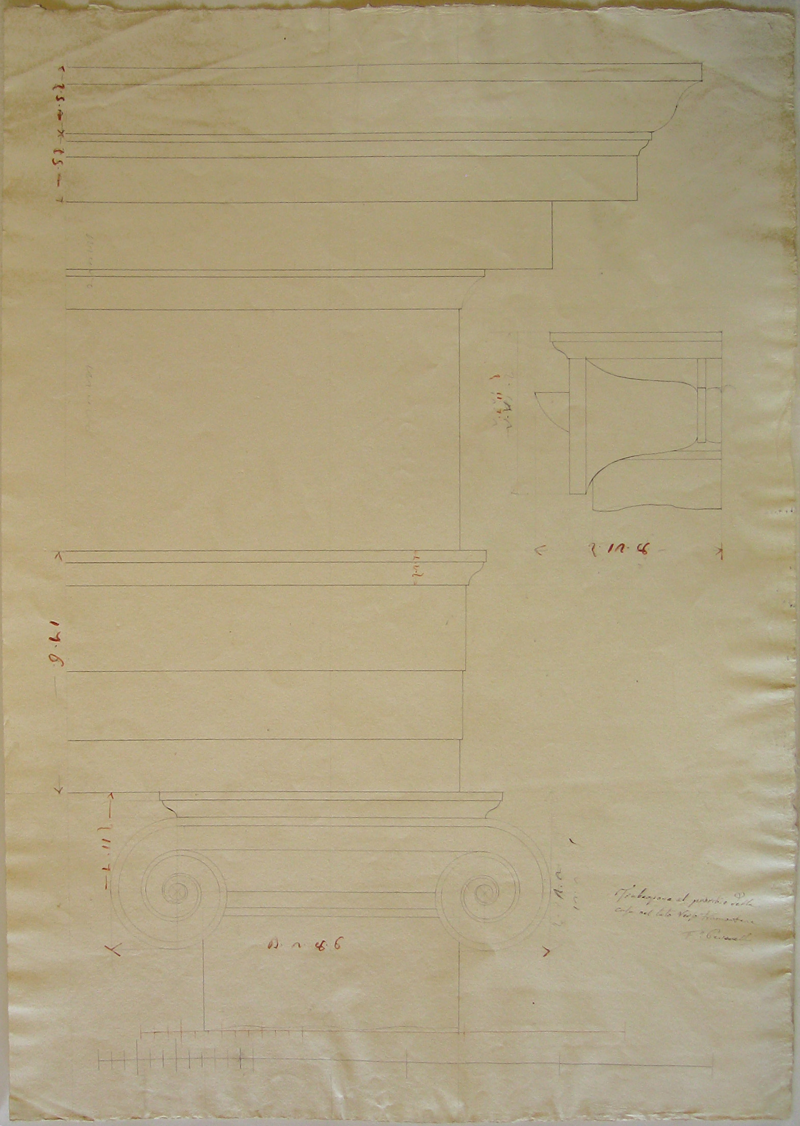 Trabeazione al portico della casa nel lato verso tramontana, Progetto architettonico: Villa "La Rotonda" a Inverigo - Dettaglio dell'ordine e della trabeazione (disegno architettonico, opera isolata) di Peverelli Francesco (attribuito) (sec. XIX)