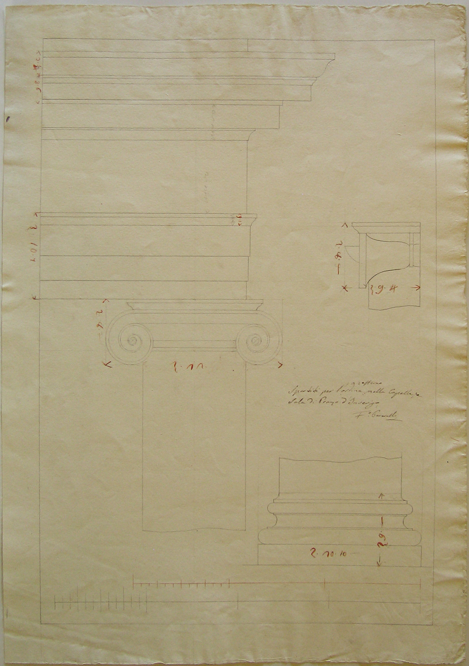 Spartiti per l'ordine esterno nella Capella e nella sala di pranzo, Progetto architettonico: Villa "La Rotonda" a Inverigo - Dettaglio dell'ordine e della trabeazione (disegno architettonico, opera isolata) di Peverelli Francesco (attribuito) (sec. XIX)