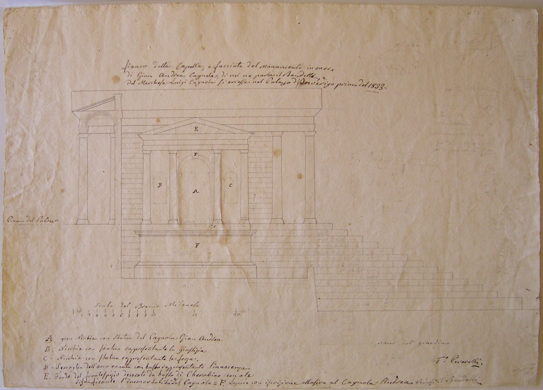 Fianco della Capella, e facciata del monumento in onore di Gian Andrea Cagnola, Progetto architettonico: Villa "La Rotonda" a Inverigo - Prospetto del fianco della cappella (disegno architettonico, opera isolata) di Peverelli Francesco (attribuito) (sec. XIX)