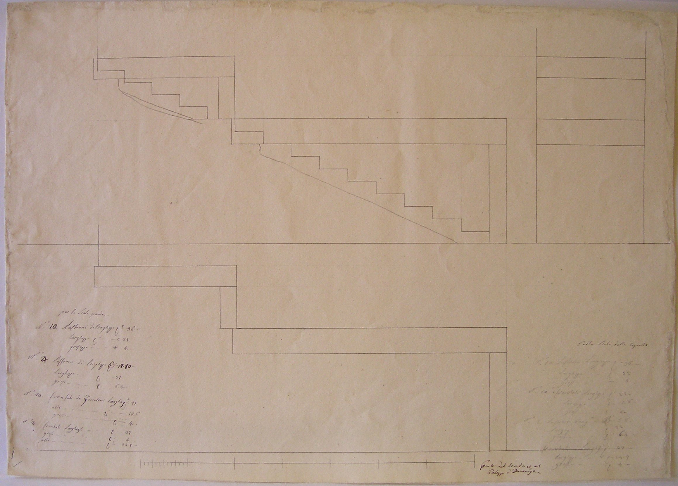 Parte del Scalone al/ Palazzo d'Inverigo, Progetto architettonico: Villa "La Rotonda" a Inverigo - Prospetto del fianco della scala d'ingresso alla cappella, Progetto architettonico: Villa "La Rotonda" a Inverigo - Dettagli diversi (verso) (disegno architettonico, opera isolata) di Cagnola Luigi (attribuito) (sec. XIX)