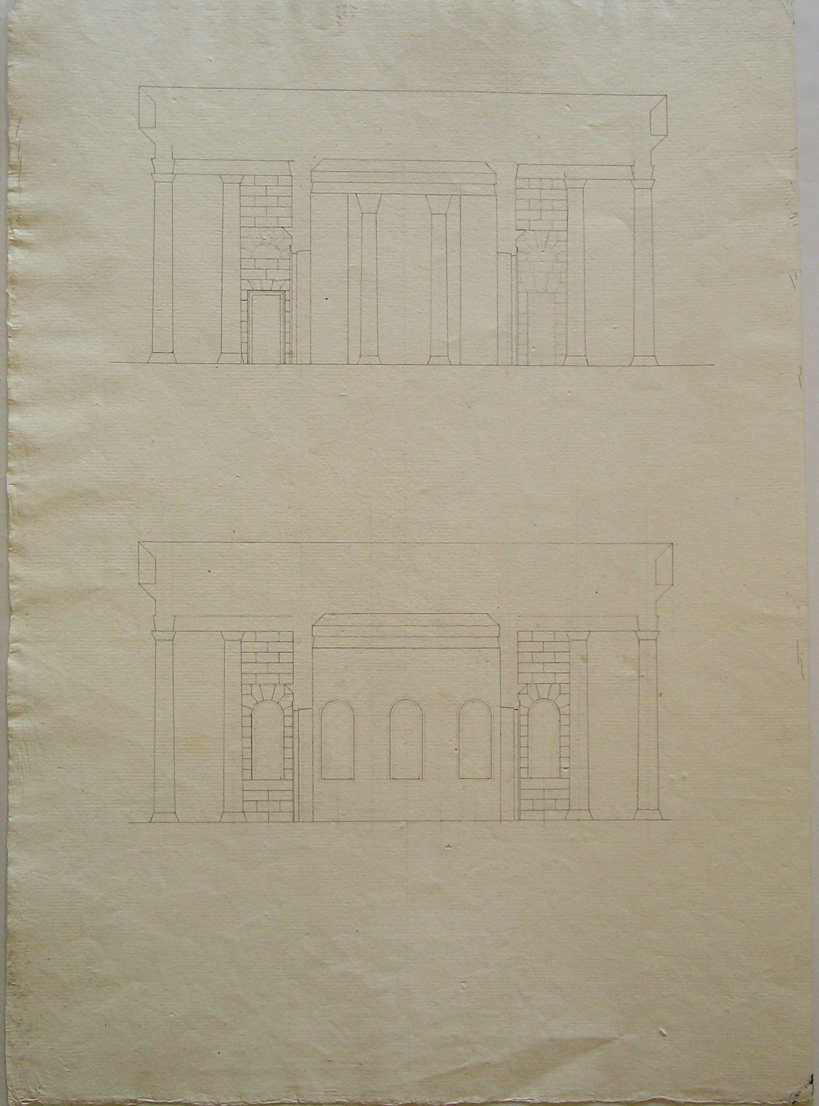 Progetto architettonico: Sezione di edificio con pronai contrapposti (disegno architettonico, opera isolata) di Cagnola Luigi (attribuito) (sec. XIX)