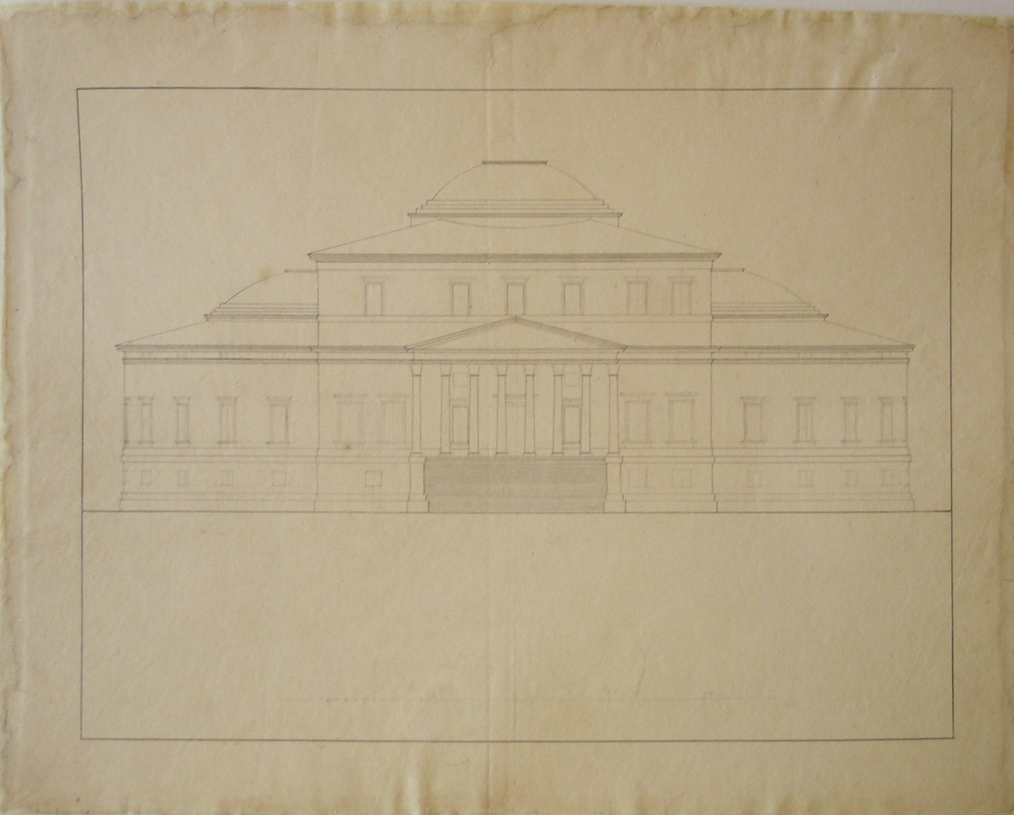 Progetto architettonico: Edificio - Fronte schematica con rotonda centrale, pronao ottastilo corinzio, corpi absidali ai lati (disegno architettonico, opera isolata) di Cagnola Luigi (attribuito) (sec. XIX)
