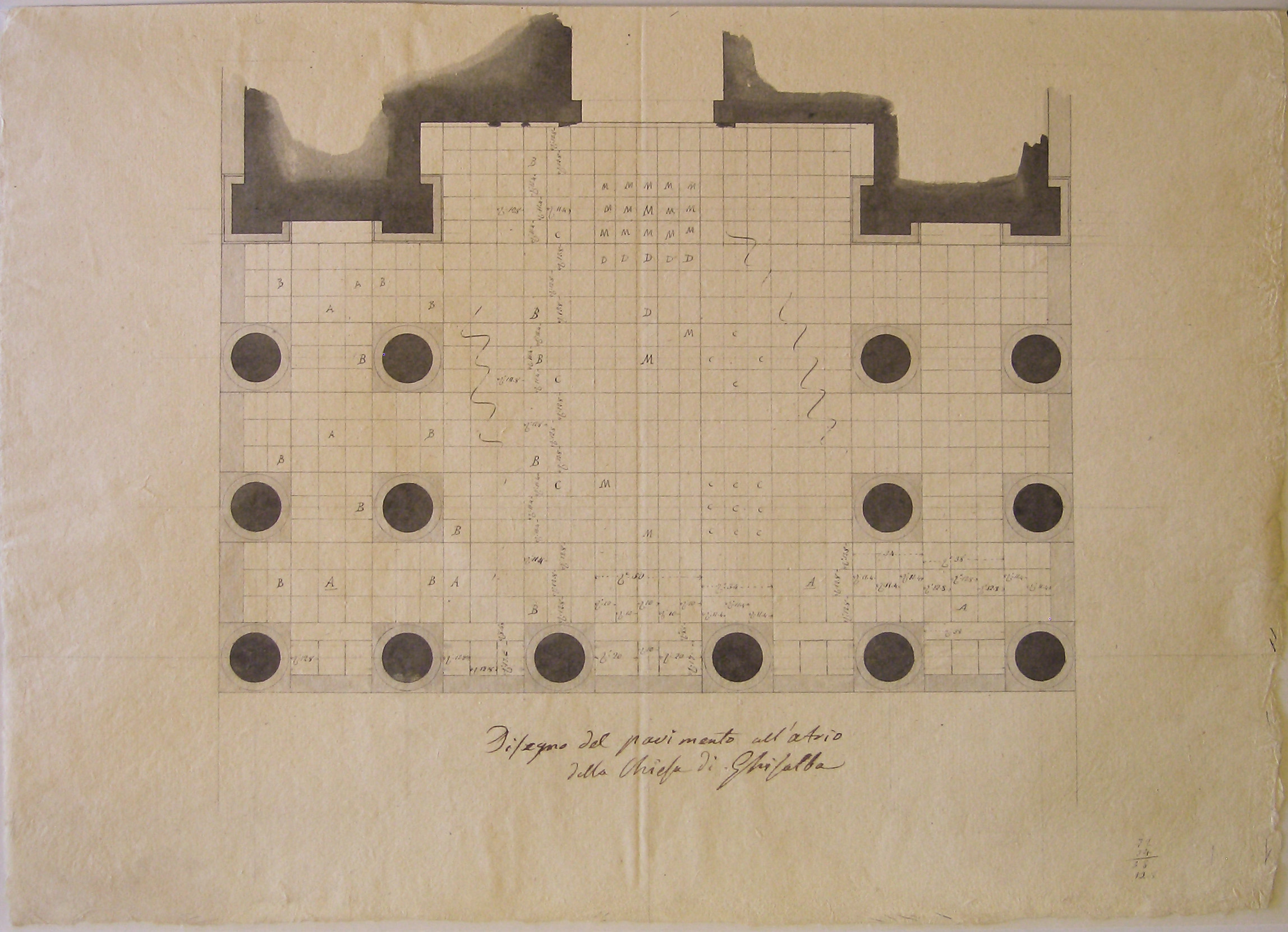 Progetto architettonico: Chiesa di S. Lorenzo Martire a Ghisalba - Pianta della pavimentazione del pronao (disegno architettonico, opera isolata) di Cagnola Luigi (attribuito) (sec. XIX)