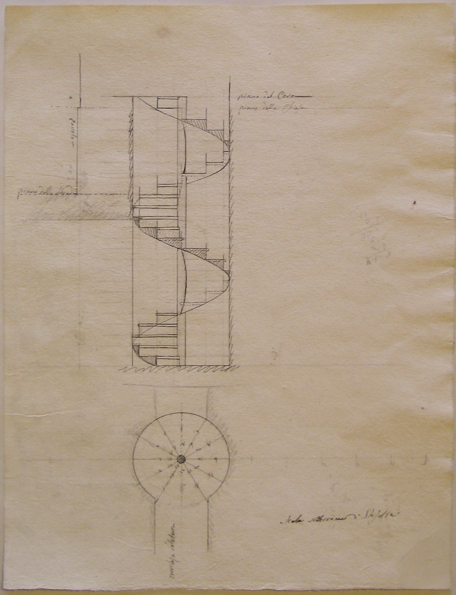 Scala sotterranea di Ghisalba, Progetto architettonico: Chiesa di S. Lorenzo Martire a Ghisalba - Pianta e sezione della scala (disegno architettonico, opera isolata) di Cagnola Luigi (attribuito) (sec. XIX)