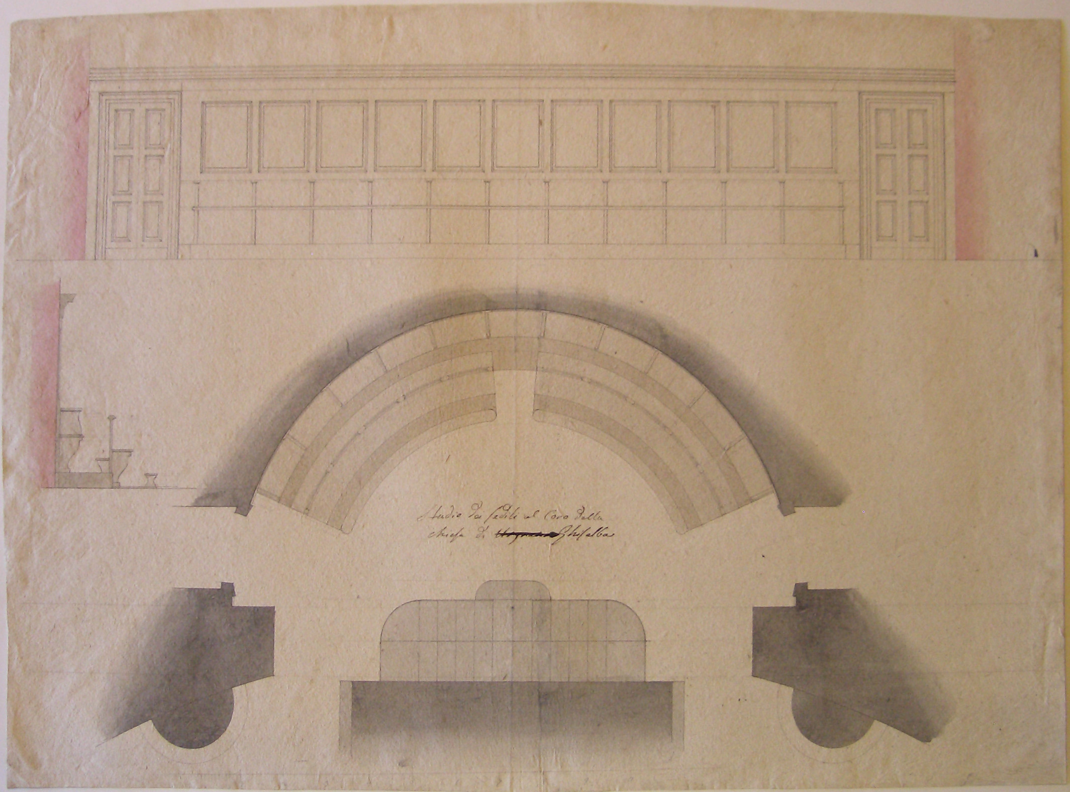 Studio dei sedili al coro della Chiesa di Ghisalba, Progetto architettonico: Chiesa di S. Lorenzo Martire a Ghisalba - Studio dei sedili al coro (disegno architettonico, opera isolata) di Cagnola Luigi (attribuito) (sec. XIX)