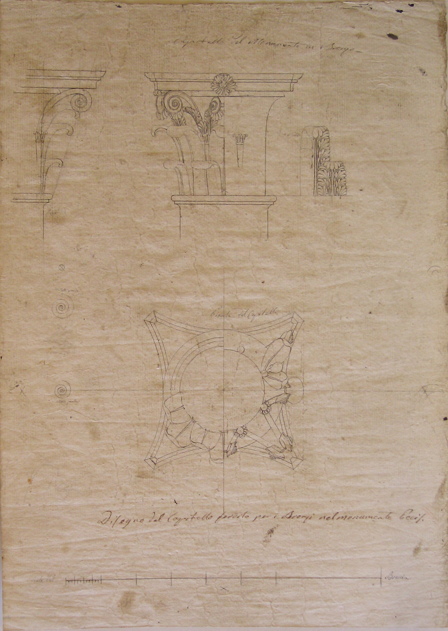 Capitello del Monumento in Bronzo, Progetto architettonico: arco provvisorio di Porta Orientale a Milano. Pianta, prospetto e sezione di un capitello corinzio (disegno architettonico) di Cagnola Luigi (sec. XIX)