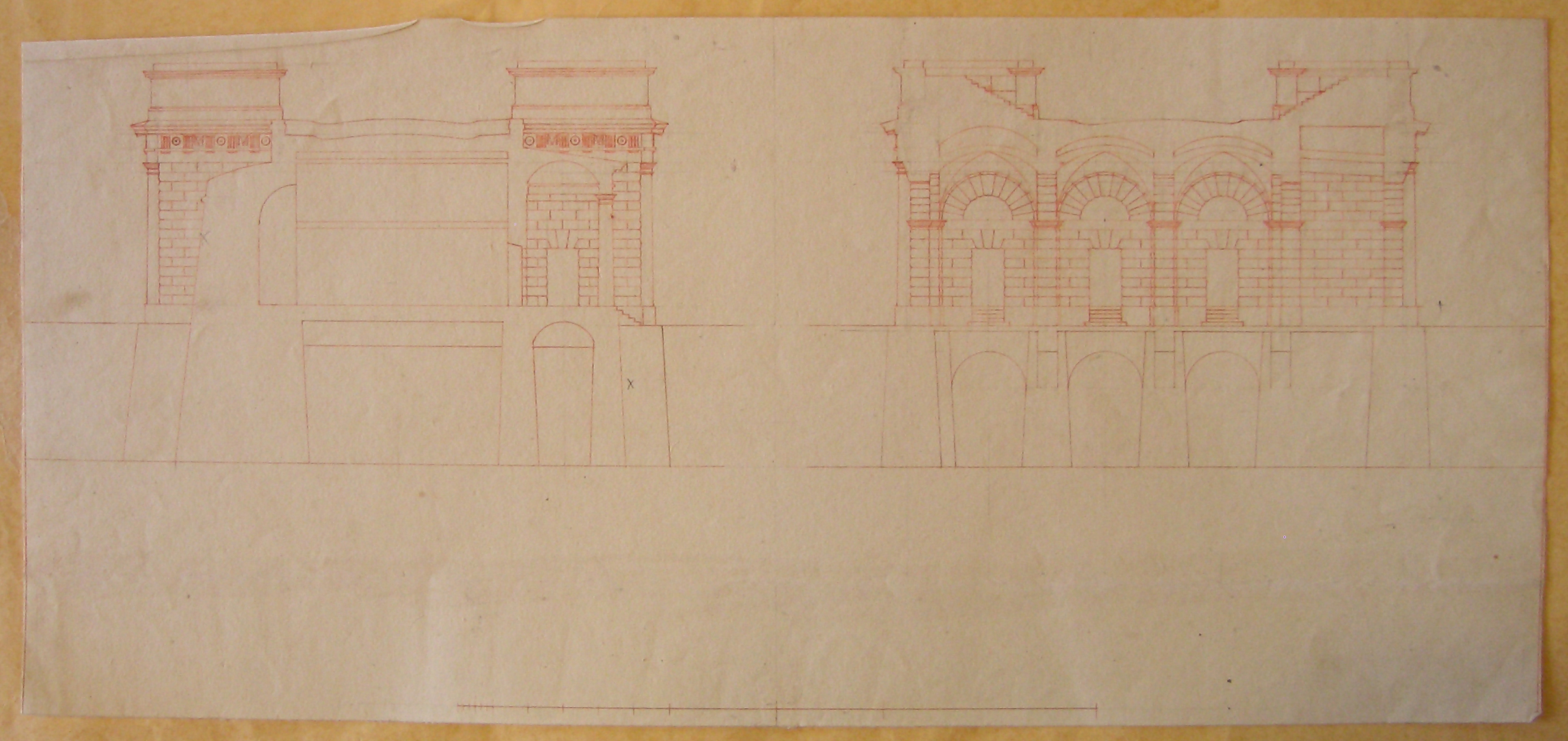 Progetto architettonico: Burghtor a Vienna - Sezioni trasversali (disegno architettonico, opera isolata) di Cagnola Luigi (attribuito) (sec. XIX)