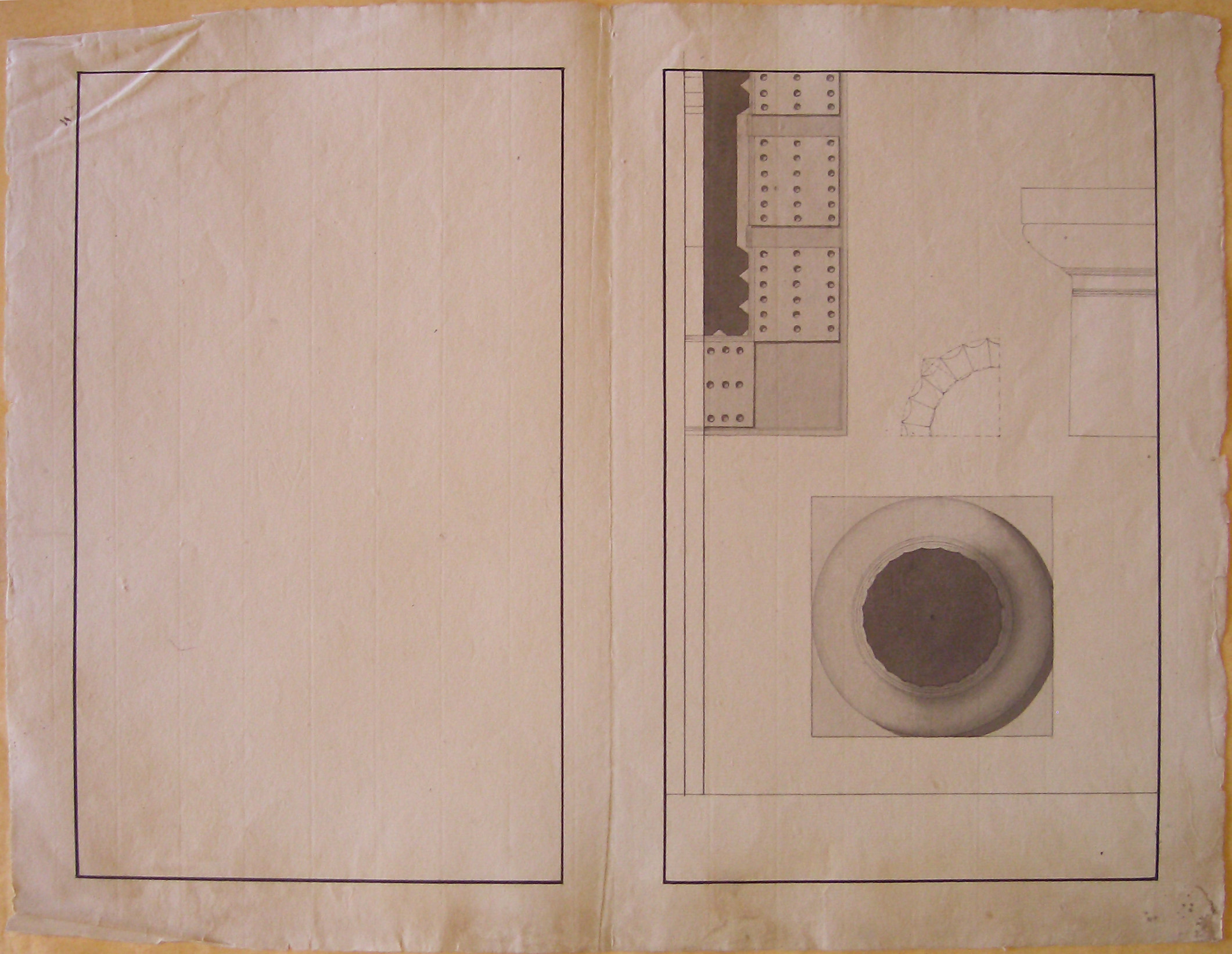 Progetto architettonico: Rilievo dei Templi di Paestum - Dettagli di base, capitello e cornice (disegno architettonico, opera isolata) di Cagnola Luigi (attribuito) (sec. XIX)