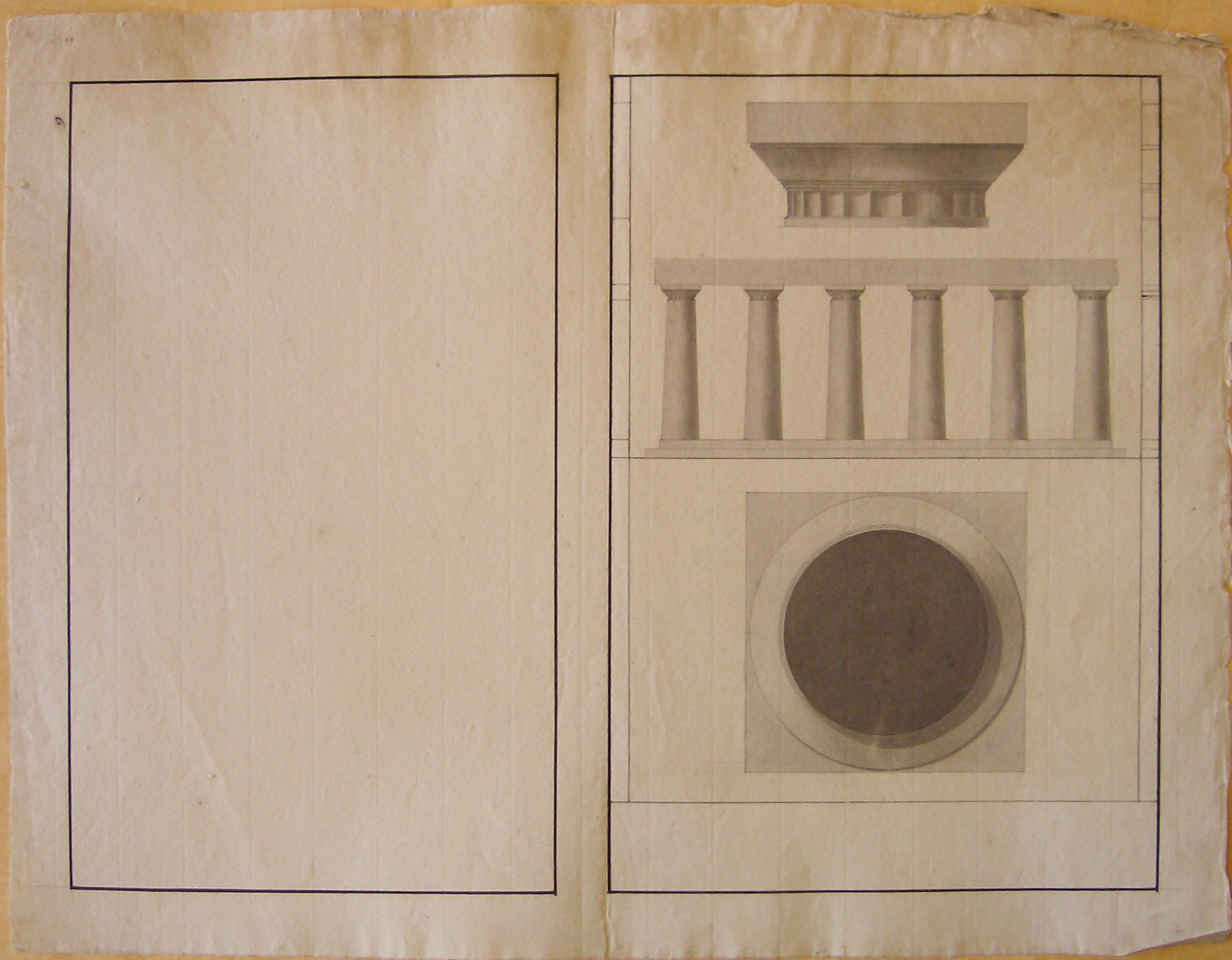 Progetto architettonico: Rilievo dei Templi di Paestum - Prospetto di tempio e Dettagli di base e capitello (disegno architettonico, opera isolata) di Cagnola Luigi (attribuito) (sec. XIX)