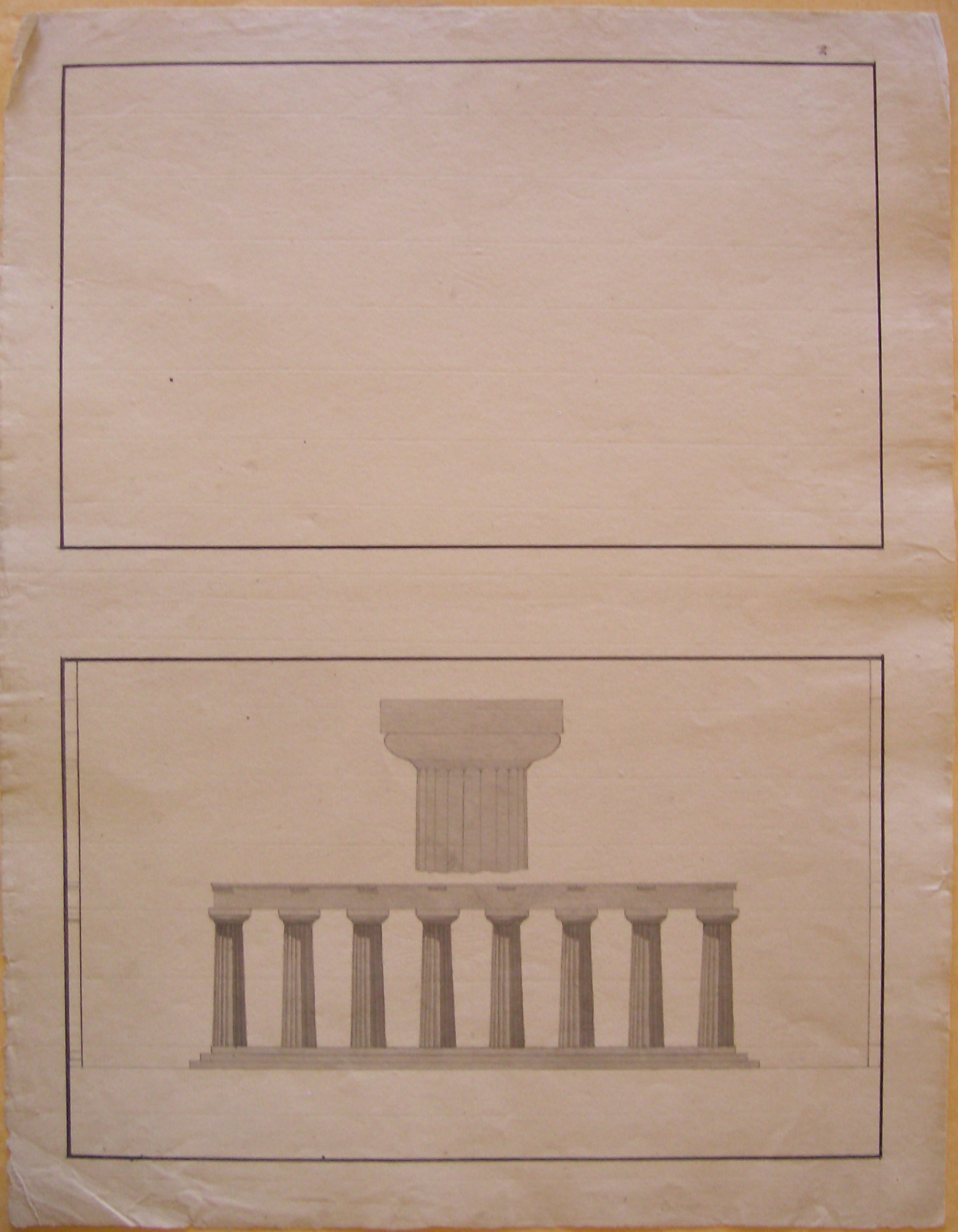 Progetto architettonico: Rilievo dei Templi di Paestum - Prospetto di tempio e dettaglio di capitello (disegno architettonico, opera isolata) di Cagnola Luigi (attribuito) (sec. XIX)