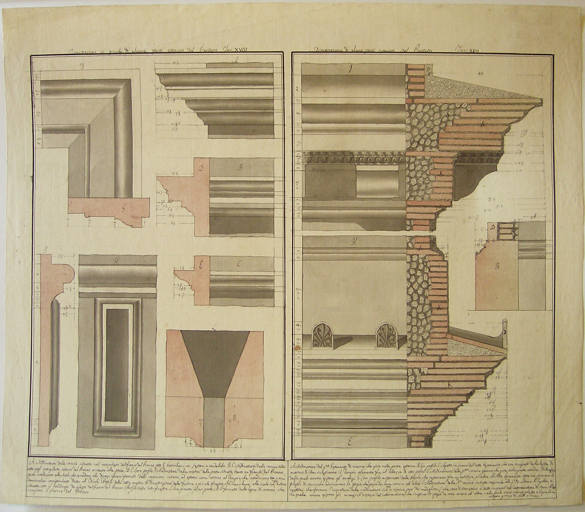 Dimostrazione di alcune parti esteriori del Pantheon, Progetto architettonico: rilievi di alcune parti del Pantheon (disegno architettonico) di Cagnola Luigi (sec. XVIII)