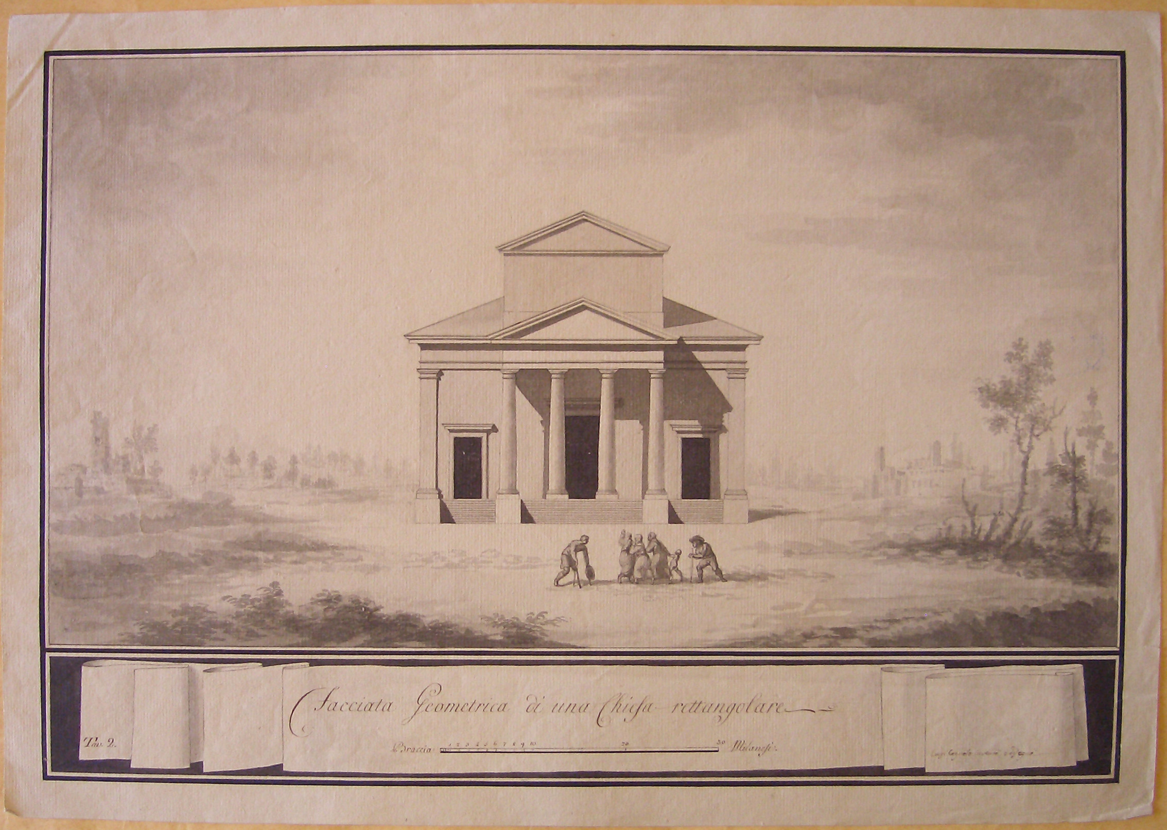 Facciata geometrica di una chiesa rettangolare a Milano, Progetto architettonico: Chiesa rettangolare - Prospetto della facciata (seconda variante) (disegno architettonico, opera isolata) di Cagnola Luigi (attribuito) (sec. XIX)