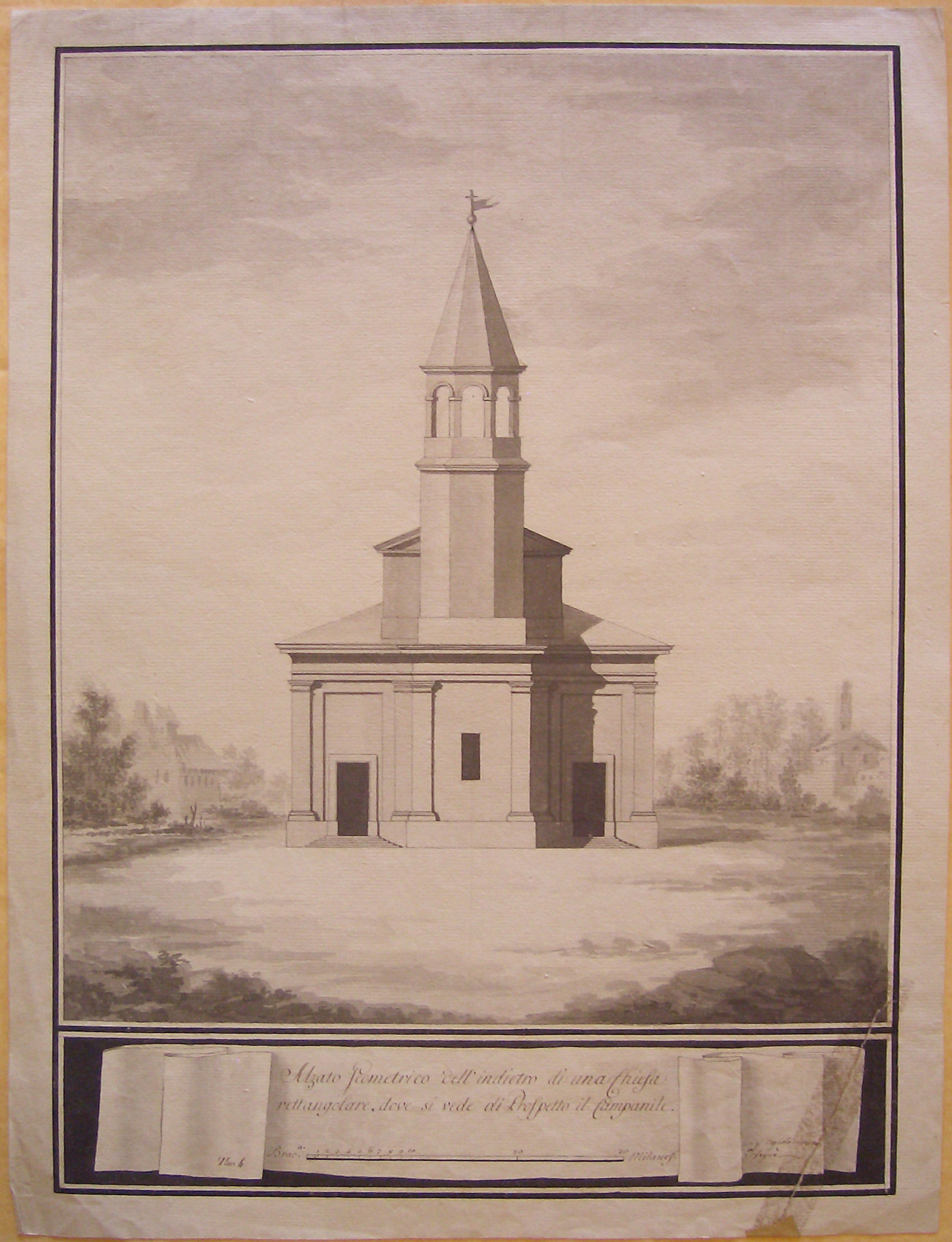 Alzato Geometrico dell'indietro di una Chiesa, Progetto architettonico: Chiesa rettangolare a Milano - Prospetto del fronte posteriore (disegno architettonico, opera isolata) di Cagnola Luigi (attribuito) (sec. XIX)