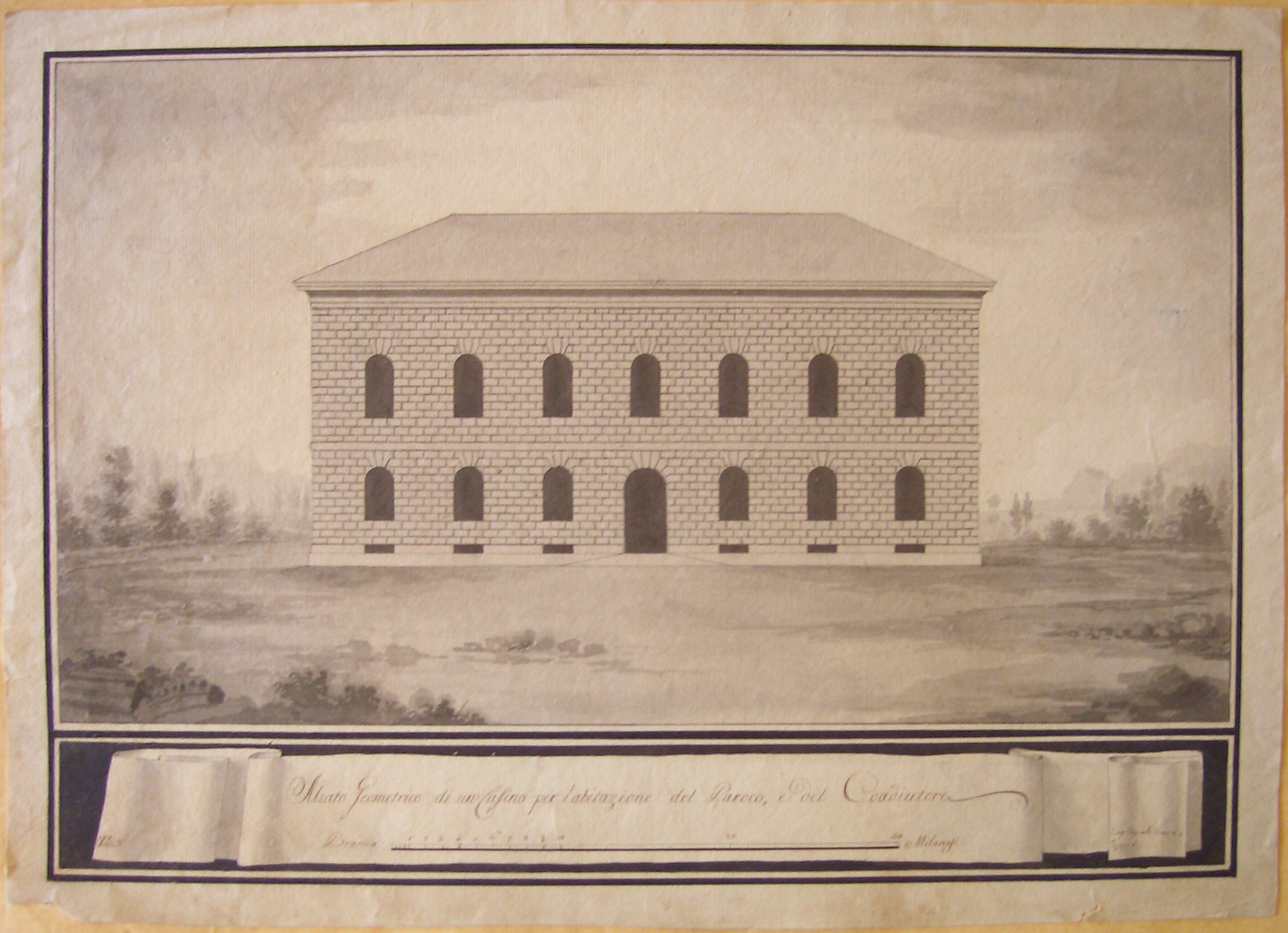 Alzato geometrico di un casino per l'abitazione del Paroco e del Coaiutore, Progetto architettonico: Casa di un parroco a Milano - Prospetto della facciata (disegno architettonico, opera isolata) di Cagnola Luigi (attribuito) (sec. XIX)