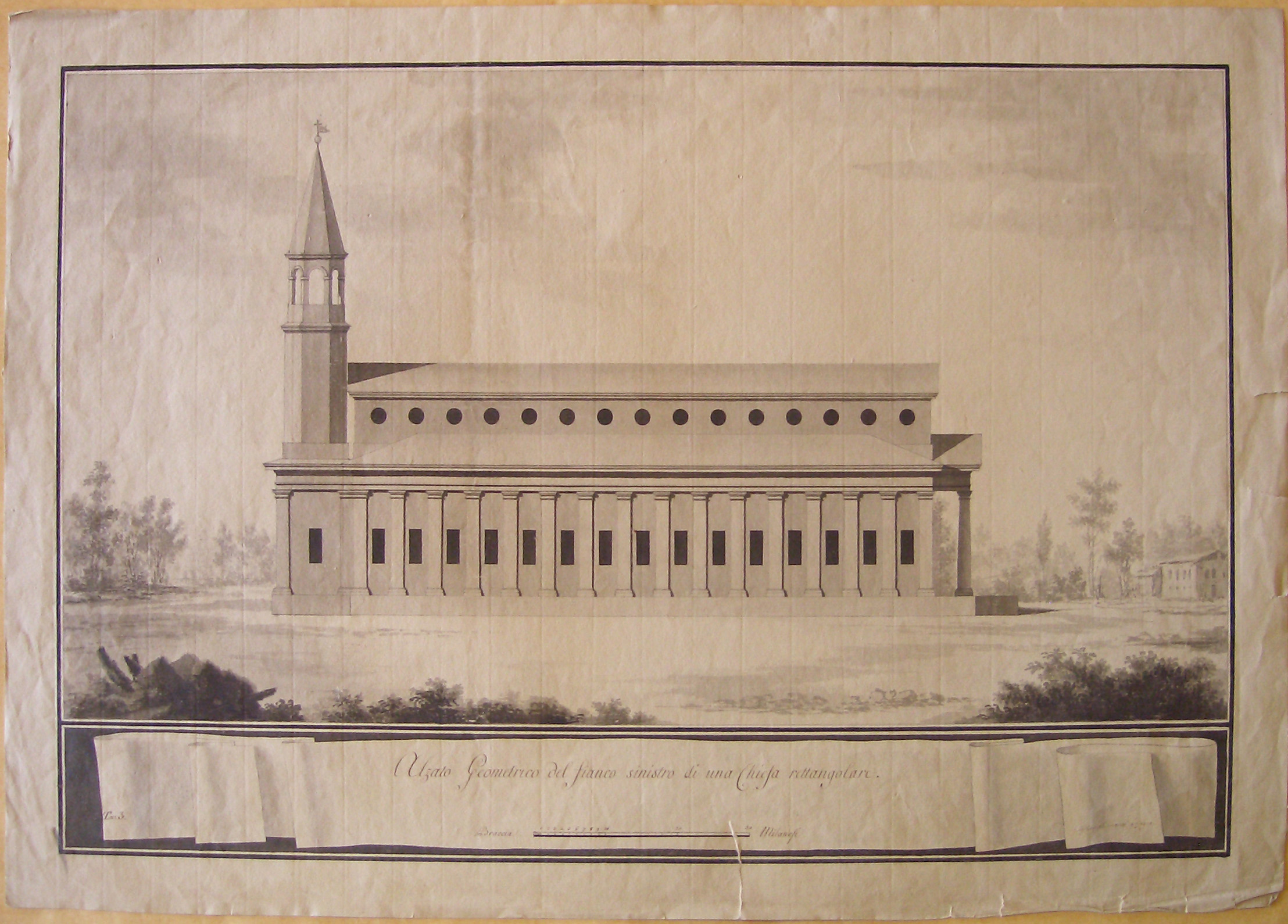 Alzato Geometrico del fianco sinistro di una chiesa rettangolare, Progetto architettonico: Chiesa rettangolare a Milano - Prospetto del fianco (disegno architettonico, opera isolata) di Cagnola Luigi (attribuito) (sec. XIX)