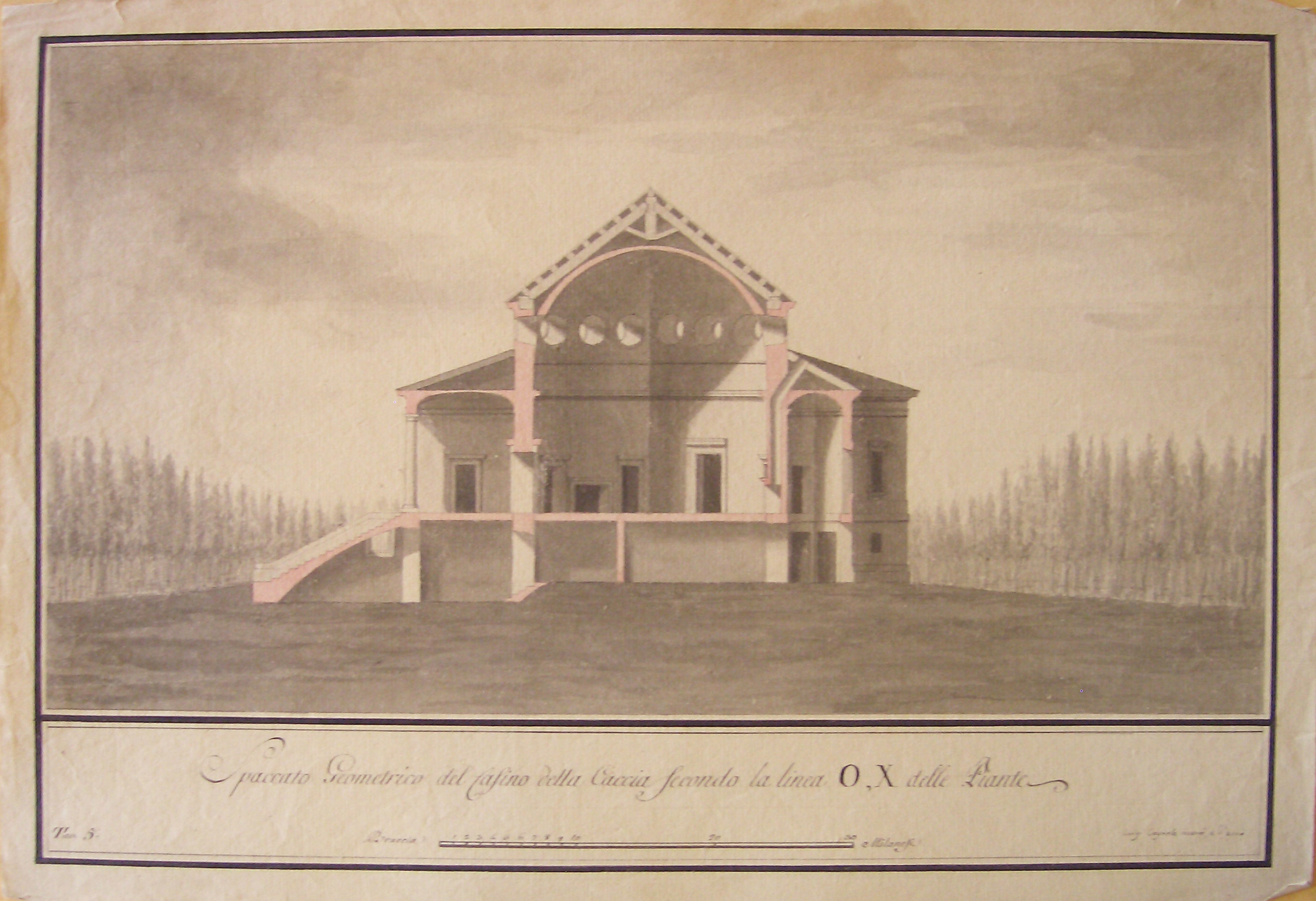 Spaccato Geometrico del Casino della Caccia Secondo la linea O, X delle Piante, Progetto architettonico: Casino di caccia - Sezione longitudinale (disegno architettonico, opera isolata) di Cagnola Luigi (attribuito) (sec. XIX)