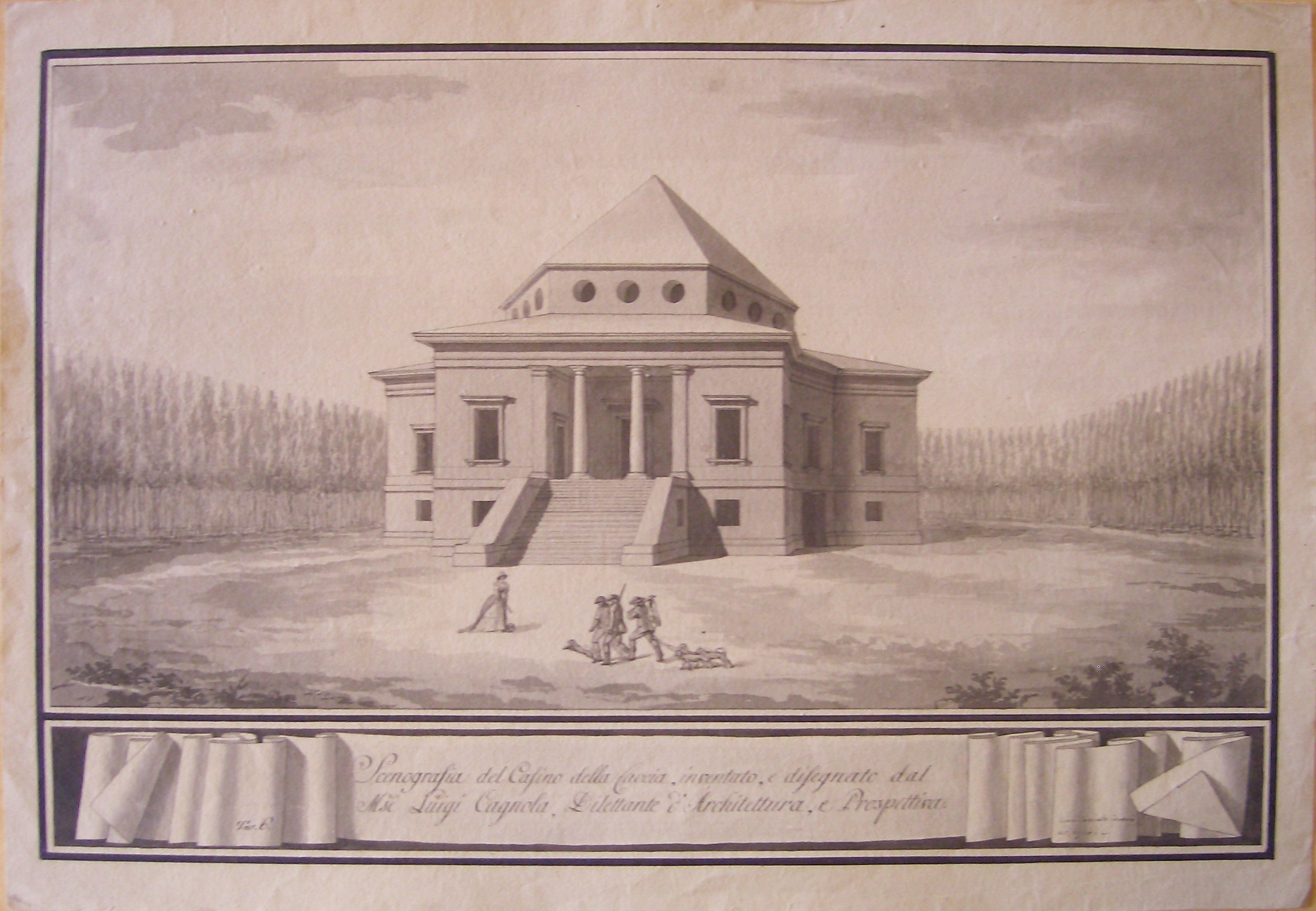Scenografia del Casino della Caccia, Progetto architettonico: Casino di caccia - Veduta prospettica (disegno architettonico, opera isolata) di Cagnola Luigi (attribuito) (sec. XIX)