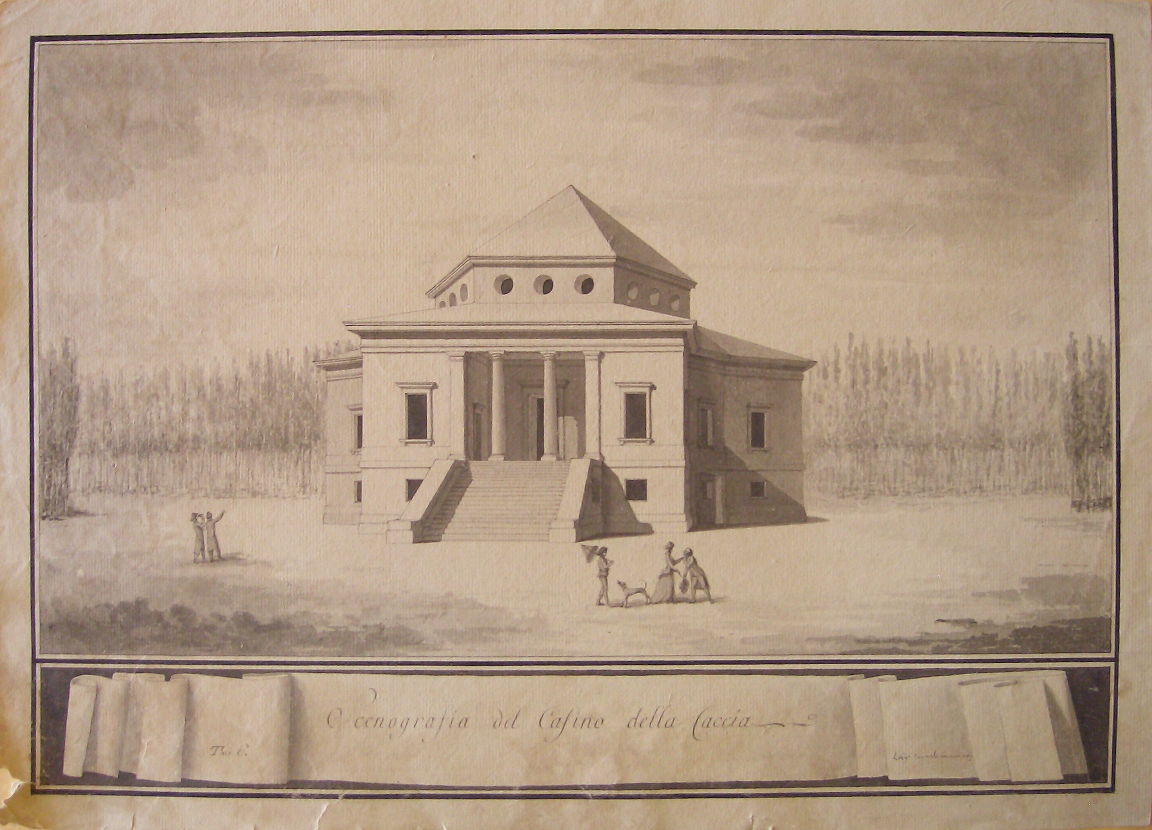 Scenografia del Casino della Caccia, Progetto architettonico: Casino di caccia - Veduta prospettica (disegno architettonico, opera isolata) di Cagnola Luigi (attribuito) (sec. XIX)