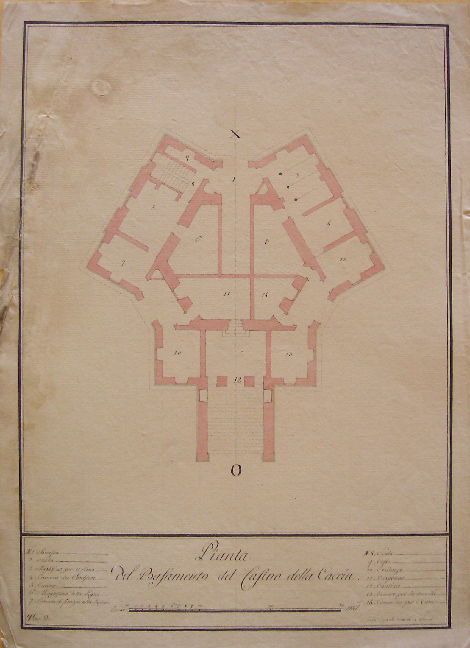 Pianta del Basamento del Casino della Caccia, Progetto architettonico: Casino di caccia - Pianta del Piano Terra (disegno architettonico, opera isolata) di Cagnola Luigi (attribuito) (sec. XIX)