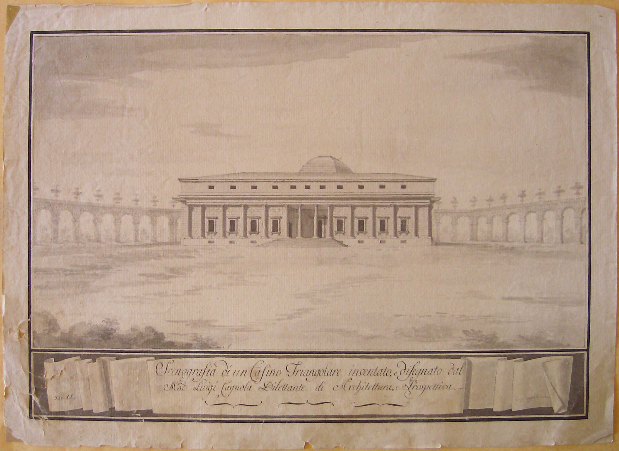 Scenografia di un Casino Triangolare, Progetto architettonico: Casino Triangolare - Veduta prospettica (disegno architettonico, opera isolata) di Cagnola Luigi (attribuito) (sec. XIX)