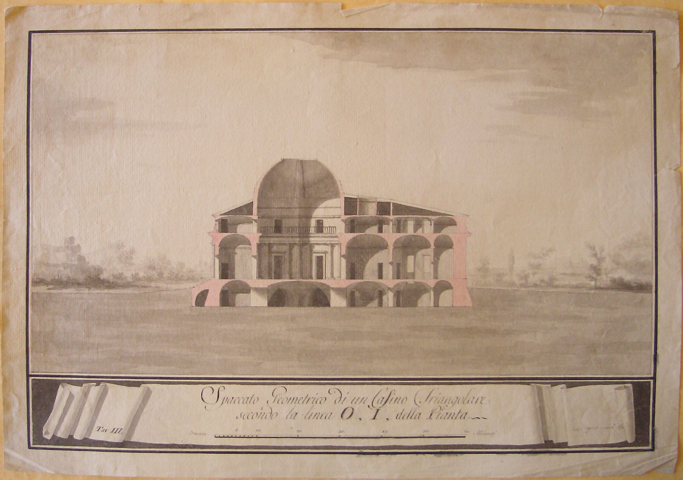 Progetto architettonico: Casino Triangolare - Sezione longitudinale (disegno architettonico, opera isolata) di Cagnola Luigi (attribuito) (sec. XIX)