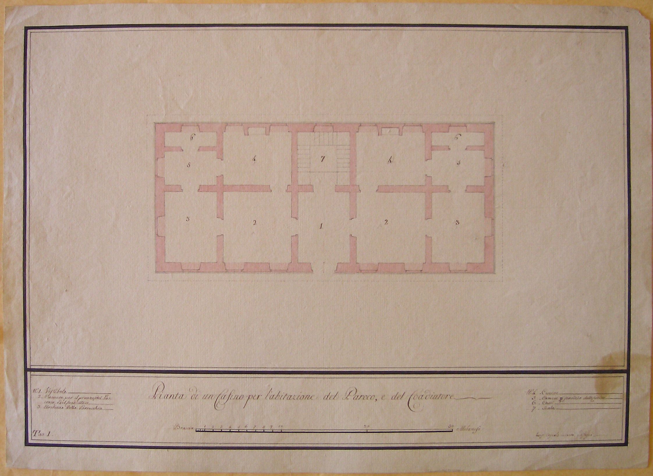 Pianta di un Casino per l'abitazione del Paroco e del Coadiutore, Progetto architettonico: Casa di un Parroco - Pianta (disegno architettonico, opera isolata) di Cagnola Luigi (attribuito) (sec. XIX)