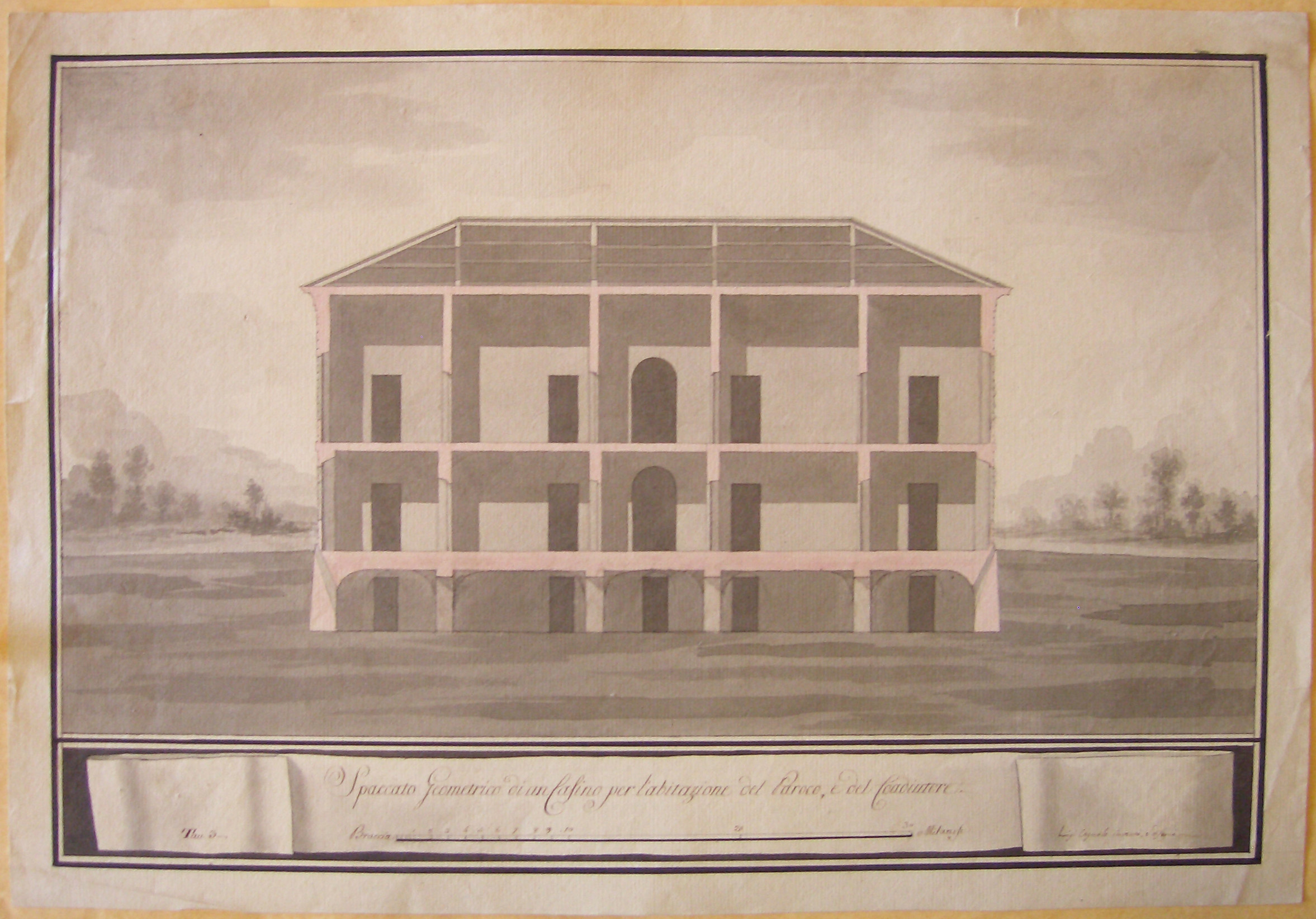 Spaccato geometrico di un Casino per l'abitazione del Paroco e del Coadiutore, Progetto architettonico: Casa di un Parroco a Milano - Sezione longitudinale (disegno architettonico, opera isolata) di Cagnola Luigi (attribuito) (sec. XIX)