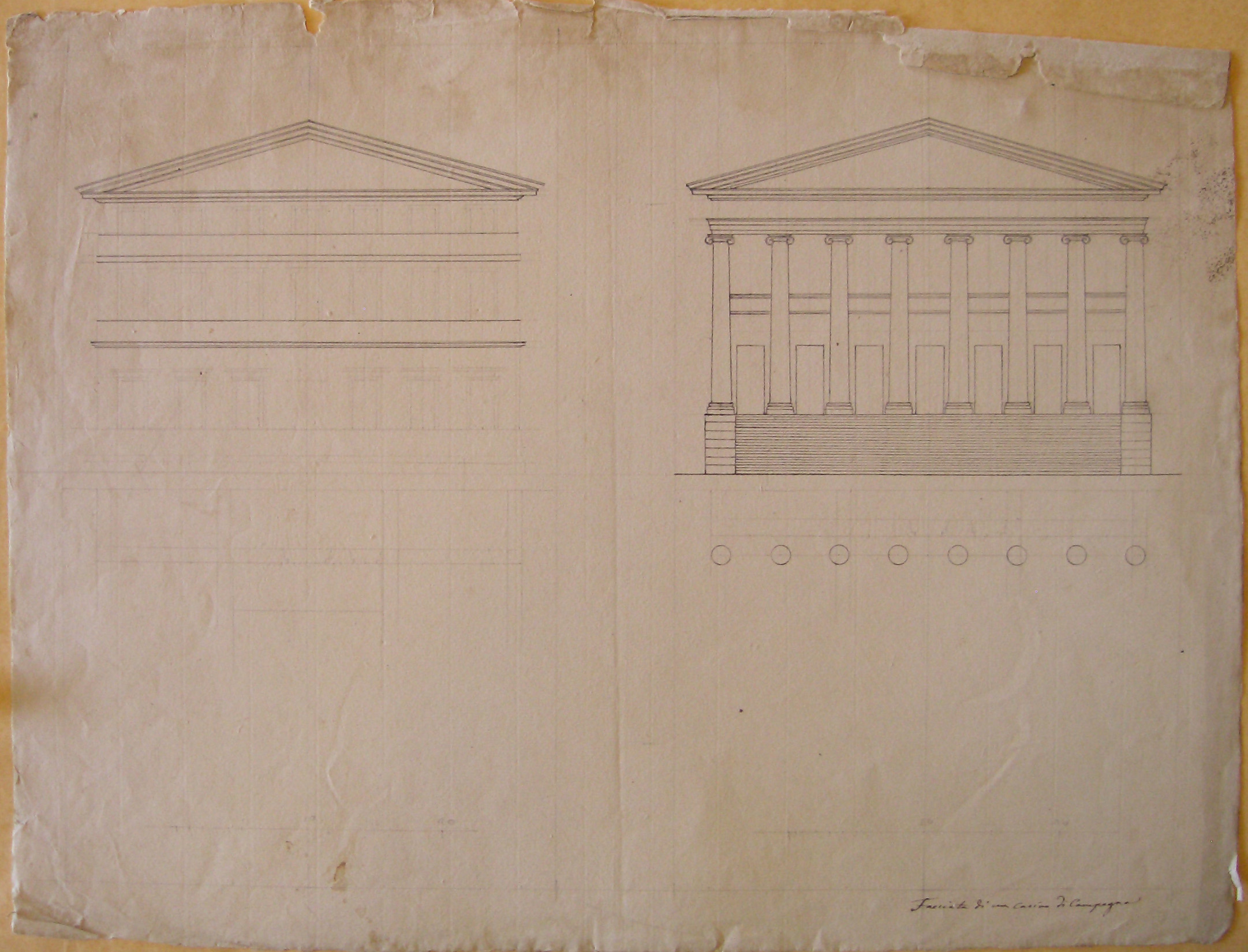 Facciata di un casino di campagna, Progetto architettonico: Casino di Campagna - Prospetto della facciata (disegno architettonico, opera isolata) di Cagnola Luigi (attribuito) (sec. XIX)