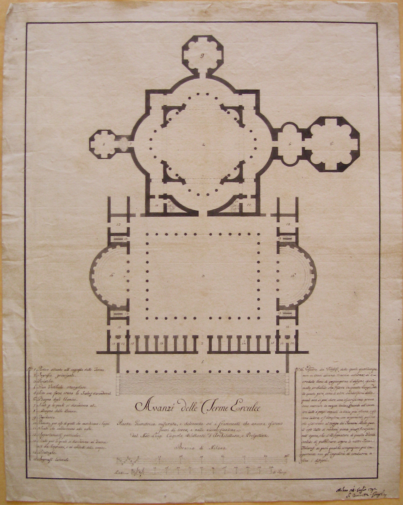 Avanzi delle Terme Erculee/ Pianta Geometrica misurata, e delineata sui frammenti che ancora esistono, Progetto architettonico: Terme Erculee presso S.Lorenzo a Milano - Ricostruzione ideale - Pianta (disegno architettonico, opera isolata) di Cagnola Luigi (attribuito) (sec. XIX)